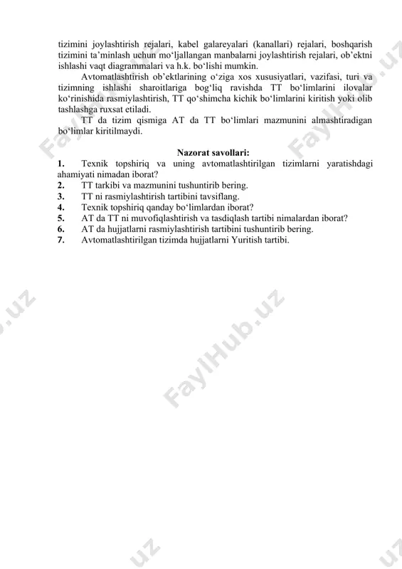 gan talablar ishlab chiquvchini eng samarali texnik, texnik-iqtisodiyva boshqa echimlarni qidirishi va ishlatishini cheklamasligi kerak. texnik topshiriq quyidagi bo‘limlardan iborat: · umumiy ma’lumotlar; · tizimning yaratish (rivojlantirish) vazifasi va maqsadlari; · avtomatlashtirish ob’ektlarining xarakteristikalari; · tizimga talablar; · tizimni yaratish bo‘yicha ishlar tarkibi va mazmuni; · tizimni nazorat qilish va qabul qilish tartibi; · tizimni ishlashga kiritishga avtomatlashtirish ob’ektlarini tayyorlash bo‘yicha ishlar tarkibi va mazmuniga talablar; · hujjatlashtirishga talablar; · ishlab chiqish manbalari; · ilovalar. sanab o‘tilgan tt bo‘limlarini rasshifrovka qilish 6.2-jadvalda keltirilgan. “tizimga talablar” bo‘limi 6.3-jadvalda atroflicha ko‘rib chiqiladi. tabiyki, bu erda sanab o‘tilgan barcha bo‘limlar ham albatta istalgan topshiriqqa kirishi kerak emas. ko‘plab talablar ham buyurtmachi, ham ishlab chiquvchi uchun ayon bo‘lishi mumkin. masalan, agar buyurtmachi va ishlab chiquvchi koinot uchun apparaturalarni ishlab chiqish bo‘yicha ko‘p yillik birgalikdagi faoliyat bilan bog‘langan bo‘lsa, u holda minimal tashqi o‘lchamlar va og‘irliklar ishlab chiquvchi uchun ayon, bu har bir topshiriqda ularni …