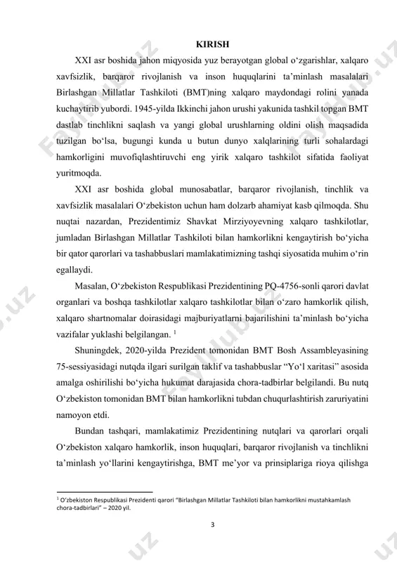 xalqaro terrorizm, qurolsizlanish masalalari, mintaqaviy qurolli mojarolar, ekologik inqirozlar, iqlim o‘zgarishi, qashshoqlik va ochlik muammolari, migratsiya jarayonlari, shuningdek, xalqaro iqtisodiy hamkorlikni rivojlantirish zarurati. bunday sharoitda birlashgan millatlar tashkiloti xalqaro maydonda muvozanatni saqlash, tinchlikni mustahkamlash va insoniyat manfaatlarini himoya qilishda eng muhim xalqaro institut sifatida o‘z rolini yanada kuchaytirmoqda. bugungi globallashuv davrida davlatlarning alohida harakat qilishi ko‘p hollarda yetarli bo‘lmaydi. shuning uchun xalqaro huquq normalariga asoslangan hamkorlik mexanizmlari tobora ahamiyat kasb etmoqda. shu jihatdan, bmtning 2 o‘zbekiston respublikasi prezidenti farmoni “xalqaro siyosat va diplomatiyani rivojlantirish bo‘yicha chora- tadbirlar” – 2018 yil. 5 faoliyatini o‘rganish nafaqat nazariy, balki amaliy ahamiyatga ham ega. mazkur mavzuning dolzarbligi shundan iboratki, xxi asr boshida bmt faoliyati jahon siyosiy, ijtimoiy-iqtisodiy va madaniy jarayonlarida hal qiluvchi o‘rin tutmoqda. kurs ishining maqsadi. ushbu kurs ishining asosiy maqsadi — birlashgan millatlar tashkilotining xxi asr boshidagi xalqaro maydondagi rolini, uning asosiy faoliyat yo‘nalishlarini va global muammolarni hal etishdagi o‘rnini tahlil qilishdan …
