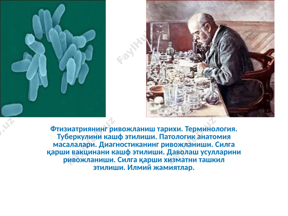 евичга, а.кальметт томонидан вакцина штамми берилган. история туберкулеза легких делится на 2 эпохи: доантибактериальную и собственно антибактериальную. до тех пор, пока не было обнаружен действенный способ борьбы с возбудителем, легший в основу лекарств от туберкулеза, это заболевание приводило к неминуемой гибели больного. переломный момент наступил в 1944 году, когда был открыт стрептомицин – первый препарат, который показал клиническую эффективность при лечении этого летального на тот момент заболевания. первое эффективное лекарство от туберкулеза-стрептомицин, разработал человек, занимающийся почвоведением. это был зельман ваксман, который, кстати, получил за это открытие нобелевскую премию. «туберкулез»- от лотинского «tuberculum» -бугорок; старые названия этого заболевания - бугорчатка и чахотка. «чахотка, греческое название фтиза и узбексое сил» имеют одинаковый смысл, означающий увядать. фтизиатрия с греческого языка означает phtisis – истощение и treat –лечебное учреждение. «фтизиатрия» - наука изучающая этиологию, патогенез и принципы лечения туберкулеза. развитие учения о туберкулёзе условно можно разделить на три периода: 1.эмпирический — когда основные знания …