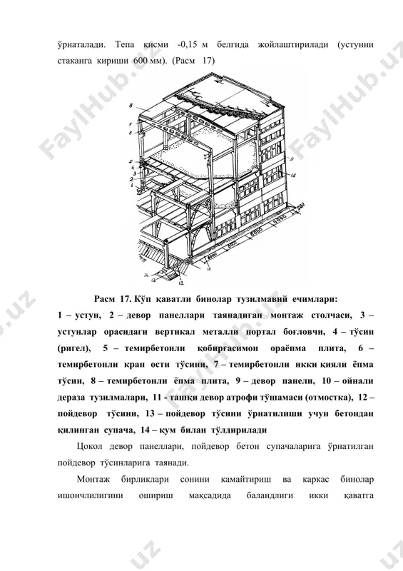 тини ҳисобга олиб 4980 дан 11480 мм гача олинади. каватлараро ораёпма плиталар қобирғасимон ва бўшлиқли текис қилиб чиқарилади. асосий плиталар эни 1 дан 3 м гача, ёрдамчилар - 590 ва 740 мм бўлади. ковурғасимон плиталар баландлиги 400, кўп бўшлиқлиги – 220 мм, олинади. ригел токчаларига таянадиган плиталар узунлиги 5050 дан 5650 мм гача ригел устига қўйиладиганларники – 5950 мм олинади. ригеллар устунларга консолли ва консолсиз таяниш мумкин. тўсинсиз каркасли кўп қаватли биноларга озиқ – овқат саноати, музлаткичлар ва тозалигига юқори талаблар қўйиладиган ишлаб чиқаришлар жойлашади. бундай бинолар устунлар ўқи сеткаси 6 х6 м, қаватлар баландлиги 4,8 ва 6,0 м деб қабул қилинади. тўсинсиз каркасни пойдеворлар, пойдевор тўсинлари, капителли устунлар, устун усти ва оралиқли плиталар, боғловчилар ташкил этади. (расм 20) расм 20. кўп қаватли ишлаб чиқариш биноларининг йиғма тўсинсиз ораёпма тузилмалари а – режа; i- устун, 2- капител плитаси, 3- шуни ўзи, устун усти плитаси баландлиги бир қаватли ва кесими 400 …
