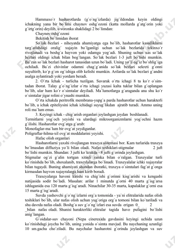 i 2 bo`limdan: chaynov oshg`ozoni bekitish bo`limidan iborat so`lak bezlari - nihoyatda ahamiyatga ega bo`lib, hasharotlar kasalliklarni targ`atishdagi oralig` xujayin bo`lganligi uchun so`lak bezlarida tekinxo`r rivojlanadi va boshg`a hayvon yoki odamga yog`adi. shuning uchun xas so`lak bezlari oldingi ichak bilan bog`langan. so`lak bezlari 1-3 juft bo`lishi mumkin. ba`zan so`lak bez​lari hasharot tanasidan uzun bo`ladi. uning yo`li og`iz bo`shlig`iga ochiladi. ba`zi chivinlar odamni chag`g`anida so`lak bezlari sekreti g`onni suyultirib, ko`p g`on og`ishiga olib kelishi mumkin. arilarda so`lak bez​lari g`andni asalga aylantiradi yoki yordam beradi. 2. o`rta ichak - turlicha tuzilgan. suvarak o`rta ichagi 8 ta ko`r o`sim- tadan iborat. talay g`o`ng`izlar o`rta ichagi yuzasi kalta tuklar bilan g`oplangan bo`lib, ular ham ko`r o`simtalar deyiladi. ma`lumotlarga g`araganda ana shu ko`r o`simtalar jigar rolini o`ynashi mumkin. o`rta ichakda peritrofik membrana-yupg`a parda hasharotlar uchun harakterli bo`lib, u ichak epiteliysini ichak ichidagi suyug`likdan ajratib turadi. ammo uning roli ma`lum emas. 3. keyingi ichak - chig`arish …