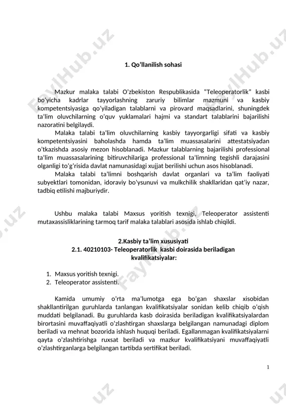 muhofazasi qoidalariga amal qilish; uk-11. sanoat va nosanoat tashkilotlarda vujudga keladigan chiqindilarni atrof-muhitga zarar yetkazmaslik choralarini koʻrish va utilizatsiya qilish; uk-12. sohaga oid ekologik madaniyatga rioya qilgan holda faoliyat olib borish. 4.2. teleoperatorlik kasbi ta’lim dasturini o’zlashtirgan bitiruvchi quyidagi kasbiy kompetensiyalariga ega bo’lishi kerak: 4.2.1. maxsus yoritish texnigi kvalifikatsiyasi bo’yicha: кк-1.1. yoritish uskunalari va jixozlarning texnik ko’rsatkichlarini, struktura sxemalarini, prinspial sxemalarini bilishi, ulardan foydalana olish; кк-1.2. televideniyeda mavjud ko’rsatuvlarda yoritish texnologiyalari asosida badiiy ifoda tilini topish; кк-1.3. tasvir va undagi ranglar hilma-hilligini ta’minlab berish; кк-1.4. yoritish uskunalar va jixozlari bilan mustaqil ishlay olish; кк-1.5.tasvirga olish maydonida, studiyada, tabiiy sharoitda chiroqlar imkoniyatini saralay olish va uni maqsadli ishlata olish; кк-1.6. chiroqlarnining balansi va uni pultlardagi sxemasini egallash; kk-1.7. chiroqlar yordamida obraz, harakterlarni ochish. 4.2.2. teleoperator assistenti kvalifikatsiyasi bo’yicha: кк-2.1.zamonaviy kino va telekameralar va ularning o’ziga xos funksiyalarini bilish; кк-2.2. rang va yoritish uskunalari bilan tandemda ishlash; кк-2.3. zamonaviy texnologiya va tasvirga …