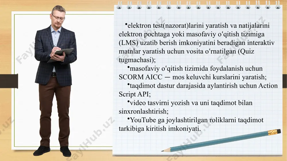 a videoaxborotlar bilan ishlaydigan apparat vositalari bo’lib ularga quyidagilar kiradi: ma’lumotni yozib olish qurilmalari; ma’lumotni chiqarish qurilmalari; manipulyatorlar; virtual borliq qurilmalari. agar foydalanuvchi multimedia ilovani tomosha qilish bilan birgalikda uni boshqara olsa, u holda bunday ilovalar interaktiv multimediya ilovalari deyiladi. agar ilovaning strukturasida navigatsiya mavjud bo’lsa, u holda bunday multimediali ilova gipermediya deb ataladi. ta’lim multimedianing eng ko’p ishlatiladigan sohasi hisoblanadi. distant uslubi bunga misol bo’la oladi. distant uslubi asosida o‘quvchilarni o‘qitish hozirgi kunning eng rivojlanib borayotgan yo‘nalishlaridan bo‘lib, o‘qituvchi bilan o‘quvchilar ma’lum bir masofada joylashgan holda ta’lim berish tizimidir. distant uslubi asosida o’qitish quyidagi texnologiyalarni o’z ichiga oladi: interaktiv texnologiyalar: - audiokonferensiyalar; - videokonferensiyalar; - ish stolidagi videokonferensiyalar; - elektron konferensiyalar; - ovoz kommunikatsiyalari; - ikki tomonlama sputnik aloqa; - virtual borliq. distant uslubi asosida o’qitish quyidagi texnologiyalarni o’z ichiga oladi: nointeraktiv texnologiyalar: - bosib chiqarilgan materiallar; - audiokassetalar; - videokassetalar; - bir tomonlama sputnik aloqa; - televizion va …