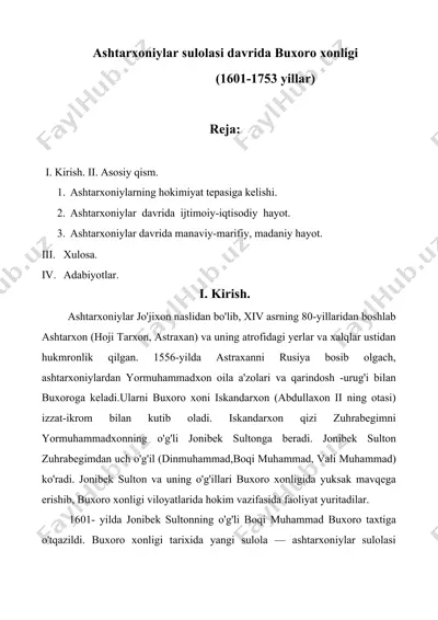 ashtarxoniylar sulolasi davrida buxoro xonligi — DOCX