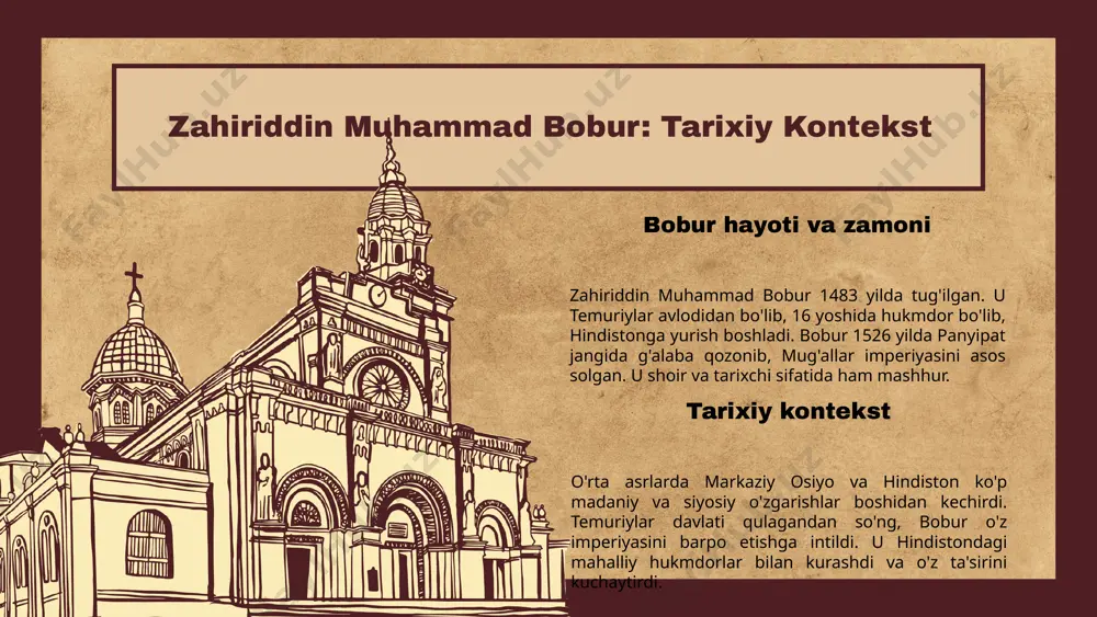 n, mamlakatini mustahkamlashga intilgan. bu jarayonda madaniyat siyosat bilan chambarchas bog'langan. siyosat va madaniyat aloqalari bobur davrida muhim edi. madaniy rivojlanish siyosiy barqarorlikka olib keldi. bobur o'z asarlarida siyosiy va madaniy masalalarni birlashtirishga harakat qilgan. o'zbekiston va mintaqadagi siyosiy madaniyatning rivojlanishi, boburning siyosiy merosi bilan bog'liq bo'lib, uning ahamiyati hozirgi kunda ham saqlanmoqda. xulosa boburning merosi zahiriddin muhammad bobur, o'rta asr adabiyotining buyuk namoyandasi bo'lib, uning asarlari nafaqat o'z davrida, balki zamonaviy adabiyotda ham katta ta'sir ko'rsatgan. u shaxsiy hayoti, urushlar va madaniyatga ta'siri bilan tanilgan. bobur va zamonaviy dunyo bugungi kunda bobur merosi ilmiy tadqiqotlar va madaniy tushunishda muhim ahamiyat kasb etadi. uning asarlari va hayotiy tajribasi zamonaviy muammolarni yoritishda va madaniyatni rivojlantirishda dolzarbdir. foydalanilgan adabiyotlar 1. zahiriddin muhammad bobur: tarixiy kontekst. o'zbekiston milliy universiteti, 2021 2. bobur: shaxsiy tafsilotlar. o'zbekiston fanlar akademiyasi, 2020 3. bobur asarlarining adabiy ta'siri. adabiyot va san'at, 2022 4. bobur va o'zining adabiy merosi. …