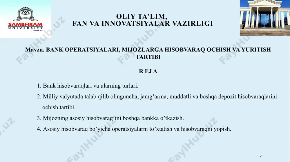 innovatsiyalar vazirligi 1. bank hisobvaraqlari va ularning turlari. bank hisobvaragʼi — bank hisobvaragʼi shartnomasini tuzish orqali bank mijoz (hisobvaraq egasi) hisobvaragʼiga kelib tushgan pul mablagʼlarini qabul qilish va kiritib qoʼyish, mijozning hisobvaragʼidagi tegishli mablagʼlarni oʼtkazish va berish hamda hisobvaraq boʼyicha boshqa operatsiyalarni amalga oshirish toʼgʼrisidagi topshiriqlarni bajarish vazifasini oʼz zimmasiga olishi natijasida bank va mijoz oʼrtasida vujudga keladigan munosabatlarni amalga oshirish vositasi hisoblanadi. 6 oliy ta’lim, fan va innovatsiyalar vazirligi 1. bank hisobvaraqlari va ularning turlari. mamlakatimizda bank mijozlari quyidagi hisobvaraqlarini ochishlari mumkin 1 2 3 4 5 talab qilib olinguncha depozit hisobvaraqlari jamg’arma depozit hisobvaraqlari muddatli depozit hisobvaraqlari ssuda depozit hisobvaraqlari boshqa depozit hisobvaraqlari 7 oliy ta’lim, fan va innovatsiyalar vazirligi 1. bank hisobvaraqlari va ularning turlari. talab qilib olinguncha depozit hisobvaraq bu - mijozlarning birinchi talabi bilanoq beriladigan yoki undagi oʼtkazib beriladigan mablagʼlarning hisobi yuritiladigan hisobvaraq tushuniladi. jamgʼarma depozit hisobvaragʼi bu - bu mijozlarning davriy badallari asosida shakllanib, …
