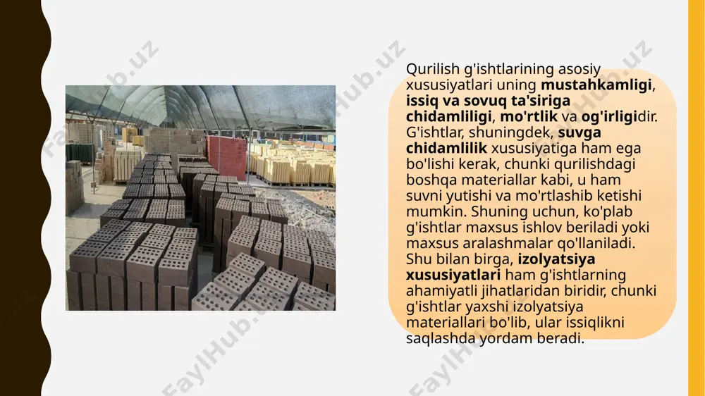 mustahkamligi oshirilgan bo'ladi. g'ishtlar asosan yo'lning yuqori qavatini qoplash uchun ishlatiladi, bu ularni suvning kirishiga qarshi mustahkamlashga yordam beradi. temir yo'l qurilishida g'ishtlar poyezdlarning harakatlanishini ta'minlash uchun poydevor sifatida qo'llaniladi. bu g'ishtlar, temir yo'l stansiyalarining poydevorlarini yoki yo'lning tashqi qismlarini mustahkamlashda muhim rol o'ynaydi. qurilish g'ishtlari nafaqat mustahkam material, balki arxitektura va dizayn uchun ham juda muhim ahamiyatga ega. g'ishtlar devorlarning tashqi ko'rinishini yaxshilash, binolarning estetik jihatlarini ta'kidlash uchun ishlatiladi. biroq, g'ishtlarning dizayndagi roli shunchaki dekorativ emas. ular ko'plab arxitektura loyihalarida estetik ko'rinishni yaratish, yuzalar dizaynini boyitish va rangi, shakli va matosi bilan binoning tashqi ko'rinishini o'zgartirish uchun muhim rol o'ynaydi. masalan, ba'zi g'ishtlar an'anaviy, qishloq uslubidagi qurilishlar uchun ishlatiladi, boshqalari esa zamonaviy yoki futuristik dizaynlar uchun maxsus ishlab chiqariladi. dekorativ g'ishtlar turli shakllarda va ranglarda bo'lishi mumkin. buning yordamida binolarda estetik maqsadlar uchun ishlatiladigan bezaklar yaratiladi. ko'plab arxitektura dizaynerlari g'ishtlarni bezak sifatida ham ishlatishadi, masalan, karnizlar, kamonli oynalar va …