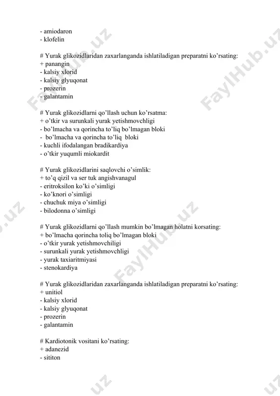i o’simligi - ko’knori o’simligi - chuchmomo - bilodonna o’simligi # kardiotonik vositani ko’rsating: + digoksin - sititon - lobelin - amiodaron - klofelin # yurak gkikozid saqlovchi 2 ta o’simlik: + ser tuk angishvona gul + marvaridgul - ko’k nori o’simligi - rauvolfiya o’simligi # yurak gkikozid saqlovchi 2 ta o’simlik: + adonis baxorgi + kombi strefanti - ko’k nori o’simligi - bilodonna o’simligi # yurak glikozidlarini qo’llash uchun 2 ta ko’rsatma: + o’tkir yurak yetishmovchligi + surunkali yurak yetishmovchiligi - bo’lmacha- qorincha to’liq bo’lmagan bloki - o’tkir yuqumli miokardit # kardiotonik vositani ko’rsating: + korglikon + kaliy orotat - lobelin - amiodaron # kardiotanik vosita 2 ta: + selanid + strofantin k - amiodaron - klofelin # kardiotanik vosita 2 ta: + korglikon + milrinon - atropin - sititon # yurak glikozidlaridan zaxarlanganda ishlatiladigan preparatni ko’rsating: + kaliy xlotrid - panangin - kalsiy glyuqonat - prozerin # yurak …