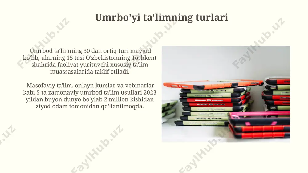 turlarining soni 2023-yilda 30% ga oshdi, bu buxoro shahrida yangi texnologiyalarni oʻrgatish markazlarining ochilishini oʻz ichiga oladi va ishsizlik darajasini pasaytirishga yordam beradi. zamonaviy ta'lim texnologiyalari o'zbekistonning qishloq hududlarida, ayniqsa, qashqadaryo viloyatida, 1000 dan ortiq maktabda interfaol doskalar va smart-texnologiyalar joriy etilishi o'quv jarayonini modernizatsiya qilib, o'qituvchilarning faoliyatini yanada samarali qildi. zamonaviy ta'lim texnologiyalari, masalan, onlayn o'quv platformalari, 2023-yilda o'zbekistonning 15 ta viloyatida 500 000 dan ortiq talaba tomonidan faol ishlatilmoqda, bu esa ta'limga kirishni sezilarli darajada oshirdi. umrbo'yi ta'limning ahamiyati 2022-yilgi tadqiqotlar shuni ko'rsatadiki, samarqanddagi umrbod ta'lim markazlarida o'qiyotgan 1500 dan ortiq kishi kasbiy faoliyatini o'zgartirib, yaxshiroq ish topishgan. umrbod ta'lim 2023-yilgi jahon banki hisobotiga ko'ra, o'zbekiston kabi rivojlanayotgan mamlakatlarning iqtisodiy o'sish sur'atlarini 30% ga oshirishga yordam beradi. umrbo'yi ta'limning jahon tajribasi европа иттифоқи мамлакатларида 2030 йилгача камида 60% аҳолининг рақамли саводхонлигини оширишга қаратилган "рақамли европа" дастури доирасида 15 миллиард евро ажратилган. жаҳон бўйлаб 200 дан ортиқ мамлакатда 70 …