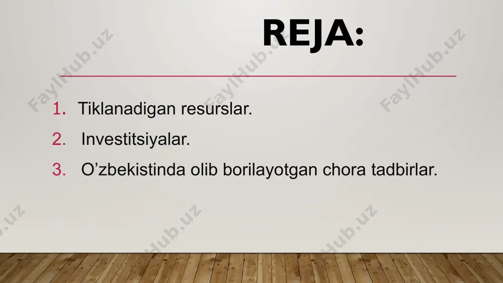 lar, ishlab chiqarish, qishloq xo‘jaligi turgan bo‘lsa, ikkinchi pallasida har birimiz uchun eng zarur bo‘lgan suvni tejash, atrof-muhit ifloslanishining oldini olish va yer resurslaridan oqilona foydalanish masalasi turibdi.bizning vazifamiz har ikki yo‘nalishda ham muvozanatni saqla bois ulardan nafaqat bugungi, balki ertangi kunimizni ham o‘ylab, oqilona foydalanishimiz zarur. hech qachon unutmasligimiz lozimki, tabiiy resurslar kelajak avlodlarimizga ham tegishli bo‘lgan boylikdir. . 4 qayta tiklanadigan resurslar - bu tabiiy jarayonlar orqali vaqt o'tishi bilan to'ldirilishi yoki qayta tiklanishi mumkin bo'lgan, ulardan tugash xavfisiz doimiy foydalanish imkonini beradigan tabiiy resurslar. bu resurslar barqaror rivojlanish uchun zarurdir, chunki ular energiya yoki materiallarni doimiy yetkazib berishni ta'minlaydi, qazib olinadigan yoqilg'idan farqli o'laroq, cheklangan va atrof-muhitga zarar yetkazadi. qayta tiklanadigan resurslarning asosiy xususiyatlari qayta tiklanadigan resurslar bir nechta asosiy xususiyatlarga ega: barqarorlik: ular barqaror, chunki ular tabiiy ravishda to'ldirilishi mumkin. misol uchun, daraxtlar qayta o'stirilishi mumkin va quyosh nuri har kuni porlashda davom etadi. atrof-muhitga minimal …