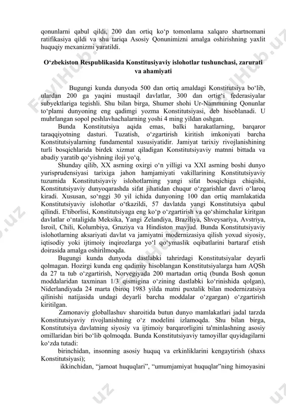 ilindi. bu konstitutsiya ham oldingilaridan kam farq qilib, bolsheviklarning o‘rta osiyodagi hokimiyatini yanada mustahkamlashga xizmat qildi. konstitutsiyaga binoan boylar, dallollar, ruhoniylar va shu kabilar saylash va saylanish huquqidan mahrum etilib, “butun hokimiyat sovetlarniki” deb e'lon qilindi. o‘rta osiyodagi yana bir davlat buxoro amirligida ham 1920 yil sentyabr oyida sovet hokimiyati o‘rnatilib, buxoro xalq sovet respublikasi tashkil etildi. 1921 yil 23 sentyabrda ii butun buxoro sovetlarining syezdi o‘tsazilib, unda rsfsr konstitutsiyasiga mos ravishda bxsr konstitutsiyasi qabul qilindi. 1924 yil 31 yanvarda qabul qilingan sssr konstitutsiyasi asosida uning tarkibidagi respublikalar o‘z konstitutsiyalarini qabul qildilar. 1927 yil 30 martda o‘zbekiston ssr konstitutsiyasi qabul qilinib, uning tarkibiga tojikiston avtonom respublikasi kiritildi. respublika tarkibiga avtonom respublikaning kiritilishi markaz uchun ularni doim nazoratini yanada mahkam qilib turish uchun qulaylik tug’dirar edi. 1936 yil 5 dekabrda qabul qilingan sssr konstitutsiyasiga muvofiq ishlab chiqilgan 1937 yilgi o‘zbekiston ssr konstitutsiyasida davlat boshqaruvini amalga oshirish shakllari joylarda sovetlarni tashkil etish …