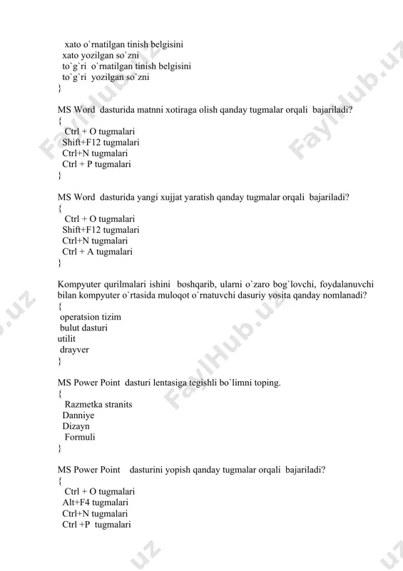 si toifaga kiradi? { matematik statistik mantiqiy sana } ms excelda ma'lumotlarning qanday turlari mavjud? { son, formula matn, son, formula son, sana,matn matn, son, rasm } ms excel da katakdagi #znach ma’lumot qandai ma’noni bildiradi? { formulada mavjud bo'lmagan ism ishlatiladi formula mavjud bo'lmagan katakchaga murojaat qiladi funktsiyani hisoblashda xatolik mavjud son yozilishida xatolik mavjud } ms access ma'lumotlar bazasining asosiy ob'ekti: { shakl so`rov jadval hisobot } ms access da hisobot nima uchun mo'ljallangan? { ma'lumotlarni saqlash ma'lumotlarni chop etish ma'lumotlarni kiritish va tahrirlash ishni avtomatlashtirish uchun buyruqlar yaratish } ms access da katta hajmdagi matnlarni saqlash uchun qanday maydon ishlatiladi? { matn ole memo gipermurojaat } ms access da grafik ob'ektlarni saqlash uchun qanday maydon ishlatiladi? { matn ole memo gipermurojaat } ms accesda jadval ustuni qanday nomlanadi? { yozuv maydon ma’lumotlar bazasi ustun } man qisqartmasining ma’nosini toping. { metropolitan areal netword mega tarmoq metropolitan area …
