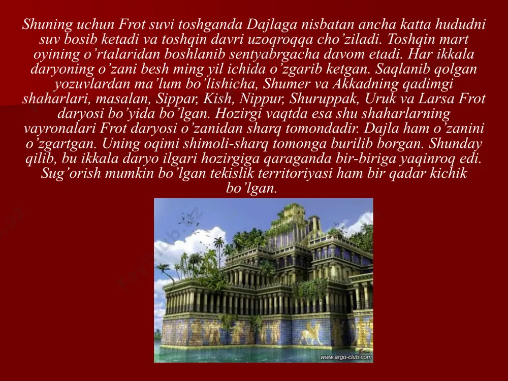 rgan tarixshunoslar antik mualliflar yozib qoldirgan va mesopotamiyaga oid bo’lgan ma’lumotlarni to’plash bilan cheklanishgan. bu manbalardagi ma’lumotlarning aksariyati ossuriya haqida bo’lgani uchun dastlab bu fan assirologiya, ya’ni ossurshunoslik deb nomlangan. keyinchalik bu huddudda o’tkazilgan arxeologik qazishlar natijasida topilgan moddiy yodgorliklar va mixxatlarning o’qilishi mesopotamiyaning qadim tarixini haqiqiy ma’noda o’rganish imkonini berdi. qadimgi mesopotamiya hududidagi arxeologik izlanishlar shumer va akkadlar o’rtasidagi o’zaro madaniy ta’sir muammosini o’rganish zarurligini ham ko’rsatdi. bu boradagi ilk fikrni king berdi. u bobil madaniyatining asoschilari, shubhasiz, shumerlar ekanligini ta’kidladi. galevi uning fikrlarini rad qildi va shumer xalqi, tili, madaniyatining bo’lmaganligini qayd etdi. qadimgi mesopotamiya tarixshunosligiga rus olimlari ham sezilarli hissa qo’shdilar. rus olimlari m. nikolskiy va a. ivanovlar van ko’li atroflarida qazish ishlarini olib borib, urartu tarixiga oid materiallarni, xususan, yozuvlarni to’plash va o’rganish borasida katta muvaffaqiyatga erishdilar. mesopotamiyaning qadimgi davriga oid manzilgohlar neolit davrida vujudga kelgan. bu davrda mesopotamiya qabilalari botqoqliklar orasidagi tepaliklarda, orollarda yashagan. ular …