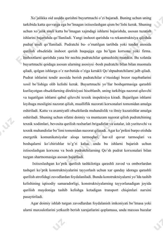 rmoqlari va boshqalarni ko’chirishlar to’g’ri kelsa, unda bu ishlarni bajarish uchun ixtisoslashgan korxona va bosh pudratchilarning qo’sh pudrat korxonalari bilan tuzgan shartnomasiga asosan bajariladi. ixtisoslashgan ko’prik qurilish tashkilotiga qarashli zavod va omborlardan tashqari ko’prik konstruktsiyalarini tayyorlash uchun xar qanday idoraga qarashli qurilish atrofidagi zavodlardan foydalaniladi. bunda konstruktsiyalarni yo’lda tashib kelishining iqtisodiy samaradorligi, konstruktsiyalarning tayyorlanadigan joyida qurilish maydoniga tashib kelishga ketadigan transport chiqimlari narxini pasaytiriladi. agar doimiy ishlab turgan zavodlardan foydalanish imkoniyati bo’lmasa yoki ularni maxsulotlarini yetkazib berish xarajatlarini qoplamasa, unda maxsus bazalar tashkil etiladi. ularni hom ashyo manbai yaqinida, katta ko’prik qurilish ishlari tarqalgan xududda joylashtiriladi. bunday korxonalarni ekspluatatsiya qilinish vaqti 3-5 yildan oshmaydi, quvvati yiliga 5ming m³ mahsulot chiqaradi, xarakat radiusi 150km. ularning maxsulotlari ishlab turgan yoki yangi yo’llar orqali tashib beriladi. konstruktsiyalarning o’lchami va og’irligiga qarab mos ravishda transport turi tanlanadi. katta oraliqli metall yoki yaxlit temirbeton ko’priklarini qurishda osma betonlash usulini qo’llash maqsadga muvofiq bo’ladi. osma betonlash …