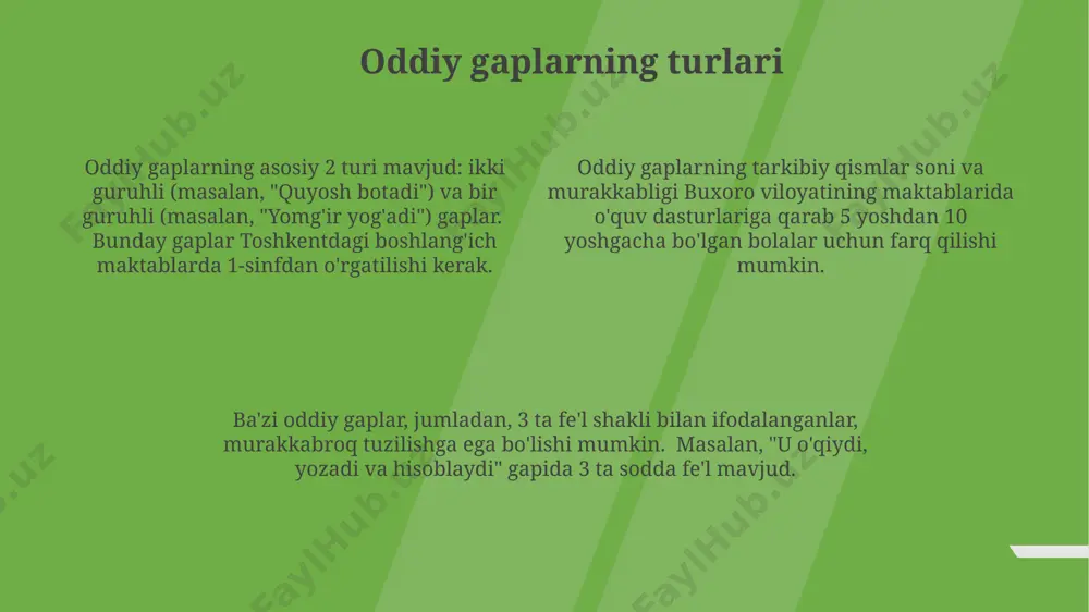 'l, kesim, to'ldiruvchi, aniqlovchi) tahlil qilishni o'z ichiga oladi. murakkab gaplarni tahlil qilishda, 2-sinf o'quvchilari uchun samarqanddagi maktablarda qo'llaniladigan usul, gapning asosiy va ikkilamchi bo'laklarini aniqlash va ular orasidagi bog'lanishni 5 ta misol orqali tushuntirishni o'z ichiga oladi. toshkentdagi 5-sinf darsliklarida, murakkab gaplarning tuzilishini tushuntirish uchun 3 ta asosiy turdagi bog'lovchi (biriktiruvchi, qarama-qarshi qo'yish, izohlovchi) lar va ularning 10 ta namunasi keltiriladi. oddiy gaplarni tahlil qilish metodlari gapning asosiy va ikkilamchi bo'laklarini aniqlash uchun, samarqanddagi 100 nafar o'quvchiga o'tkazilgan test natijalariga ko'ra, diagramma va jadvallardan foydalanish 30% ga ko'proq muvaffaqiyat keltirdi. oddiy gaplarni tahlil qilishda, 5-sinf o'quvchilari bilan toshkentdagi maktabda o'tkazilgan tajribalar shuni ko'rsatdiki, grammatik asosni aniqlash va gap bo'laklarini ajratish 2 bosqichda o'rgatish samaraliroq. farg'onada o'tkazilgan amaliy mashg'ulotlar shuni ko'rsatdiki, 7 yoshli bolalar oddiy gaplarni 3 ta asosiy mezon: fe'l, kesim, to'ldiruvchi asosida tahlil qilishni tezda o'rganishadi. bog'lovchi vositalar va ularning turlari qo'shma gaplarni tahlil qilishda 10 ta jumladan …