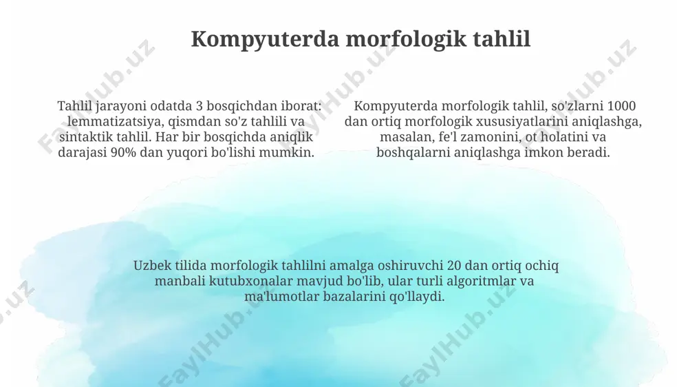 shi, son kabi kategoriyalarni tahlil qilish zamon, mayl, kishi kategoriyalari fe'lning morfologik xususiyatlarini ifodalaydi va ularning birgalikdagi kombinatsiyasi 3 xil zamon, 2 xil mayl va 3 shaxsni o'z ichiga olgan 18 ta turli shaklni hosil qilishi mumkin. mayl kategoriyasi fe'lning haqiqatdagi amal bajarilishini yoki bajarilmasligini, shuningdek, istak, taxmin kabi qo'shimcha ma'nolarni bildiradi; bu kategoriya 2 ta asosiy maylni (ravshan va shart mayllarini) o'z ichiga oladi. kishi kategoriyasi fe'lning qanday shaxs tomonidan bajarilishini (1-shaxs, 2-shaxs, 3-shaxs) ko'rsatadi, bu esa gapning mazmunini aniqlashtirishda muhim rol o'ynaydi va grammatik jihatdan 3 ta asosiy variantga ega. morfemalar: turlari va vazifalari o'zbek tilida morfologik tahlil qilishda kamida 5 ta asosiy morfema turi aniqlanadi: ildiz, qo'shimcha, affiks, prefiks va sufikslar. ular so'z tuzilishini tushunishga yordam beradi. ba'zi morfemalar, masalan, ko'plik qo'shimchalari (-lar, -lar), bir nechta so'z turkumiga qo'llanishi mumkin, bu ularning ko'p qirrali funksiyasini ko'rsatadi. bunday holatlar so'zning grammatik rolini aniqlashda muhim ahamiyat kasb etadi. morfemalar …