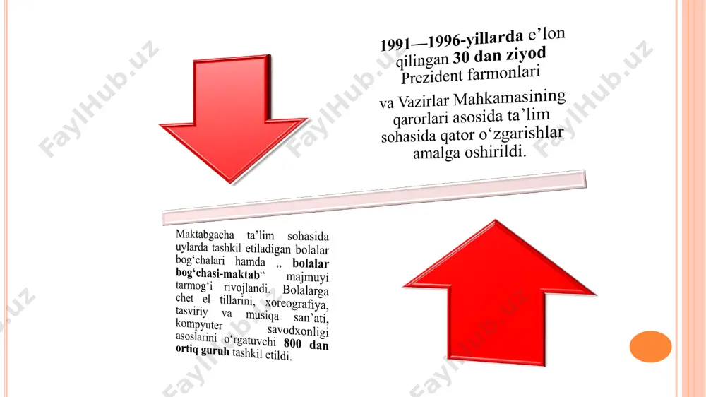 hiqariladi. ikkinchi bosqich (2001—2005-yillar)da milliy dastur to‘liq ro‘yobga chiqadi, mehnat bozorining rivojlanishi va real ijtimoiy- iqtisodiy sharoitlarni hisobga olgan holda unga aniqliklar kiritiladi. uchinchi bosqich (2005- va undan keyingi yillar)da to‘plangan tajribani tahlil etish va umumlashtirish asosida, mamlakatni ijtimoiy-iqtisodiy rivojlantirish istiqbollariga muvofiq kadrlar tayyorlash tizimi takomillashtiriladi va rivojlantiriladi. ta’lim mazmun va mohiyat jihatidan yangilandi. o‘quv amaliyotiga „vatan tuyg‘usi“, „odobnoma“, „ma’naviyat asoslari“, „milliy istiqlol g‘oyasi“, „dunyo dinlar tarixi“, 2002—2003- o‘quv yiliga kelib umumiy o‘rta ta’lim muassasalarida, ya’ni 1—9- sinflarda o‘qitish to‘laligicha lotin yozuviga asoslangan o‘zbek alifbosida olib borildi maktablarni darsliklar bilan ta`minlash maqsadda „maktab kutubxona jamg‘armasi“ tashkil etilib, o‘quvchilar ijara usulida darsliklar bilan ta’minlanmoqda. „huquqshunoslik“, „sog‘lom oila va nikoh“, „iqtisodiy bilim asoslari“ kabi bir qator yangi fanlar kiritildi, ular bo‘yicha o‘quv dasturlari va darsliklar yaratildi. prizedent farmoni (2004-yil 19- fevral) va vazirlar mahkamasining qarori (2004- yil 9- iyul) asosida maktab ta‘limini rivojlantirish davlat umummilliy dasturi ishlab chiqildi. 2000—2006-yillarda kollej va litseylarda …