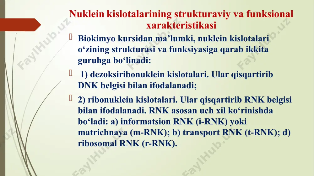 ta’min etuvchi irsiy axborot kodlangan genlar. 4. regulator genlar: gen-regulator, promotor, gen-operator. ular strukturaviy genlar faoliyatini boshqarish funksiyasini bajaradi. (ushbu genlaming funksiyasi va o'zaro munosabati haqidagi mukammal ma’lumot keyingi mavzularda beriladi.) dnk molekulasining replikatsiyasi va segregatsiyasi genetik axborotning kelgusi hujayra va organizmlar avlodlariga berilishi dnk molekulasining replikatsiya (autoreproduksiya)si -va xromosomalaming segregatsiyasi orqali am alga oshiriladi. dntk replikatsiyasi natijasida yangi hosil bo‘lgan dnk laming keyingi avlod hujayra organizmlarga berilishi ushbu biopolimeming ikkinchi funksiyasi hisoblanadi. dnk ning birinchi funksiyasi, yuqorida bayon etilganidek, o‘z strukturasida genetik axborot - genlaming kodlanishini ta’min etishdir. replikatsiya natijasida bitta dnk dan bir-biriga ham da boshlang'ich dnk ga aynan o‘xshash ikkita dnk hosil bo'ladi. disk ning replikatsiyasi hujayraning o‘zida dnk tutuvchi barcha organoidlari (xromosoma, plastida v a mitoxondriya) da kechadi. eukariotlarda replikatsiya hujayraning har qaysi mitoz va m eyoz bo‘linishidan oldin, bakteriyalarda esa tanasi hujayraning har qaysi bo‘linishi oldidan takrorlanadi. bundan keyin yangi sintezlangan dnk molekulalari xromosomalar tarkibida …