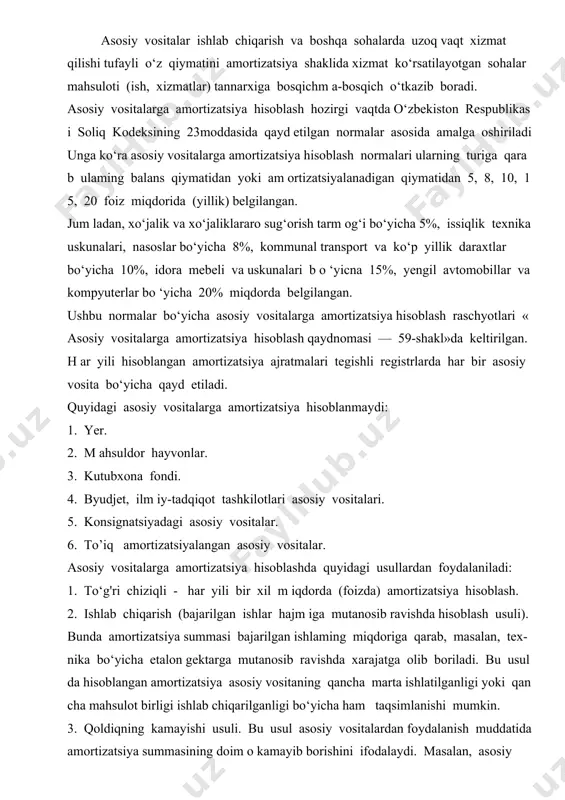 ydilar, chunki ularni asosiy vositalarning foydalanish muddati qiziqtiradi; · buxgalteriya hisobida qo’llaniladigan “eskirish” iborasida jismoniy eski-rish berilgan vaqt mobaynida ob’ektlar bozor qiymatining pasayishini emas, balki asosiy vositalarning qiymatini ularning foydali faoliyati vaqtida hisobdan chiqarish deb tushuniladi. atama asosiy vositalarning qiymatini xarajatlarga doimiy ravishda olib borilishini aks ettirish uchun ishlatiladi; · eskirish qiymatni baholash jarayoni hisoblanmaydi. buxgalteriya yozuvlari tannarxni aniqlash tamoyillariga muvofik olib boriladi va shunday qilib, ular baho darajasini hisoblash indikatori bo’lib xizmat qila olmaydi. agarda foydali bitim va bozor kon’yukturasining o’ziga xosligi natijasida bino yoki boshqa aktivning bahosi oshganda ham shunga qaramay amortizatsiya hisoblashni davom ettirish kerak, chunki bu baholashning emas, balkim avvalgi qilingan xarajatlarni taqsimlash natijasi hisoblanadi. asosiy vositalarning eskirish miqdorini hisoblashga bir qator omillar ta’sir ko’rsatadi. bular asosiy vositalarning: · boshlang’ich qiymati; · qoldiq qiymati (tugatish qiymati); · eskirish hisoblanadigan qiymati; · taxmin qilinayotgan foydalanish muddati. asosiy vositalarga eskirishni hisoblash turli usullar yordamida amalga oshirilishi mumkin. soliq …
