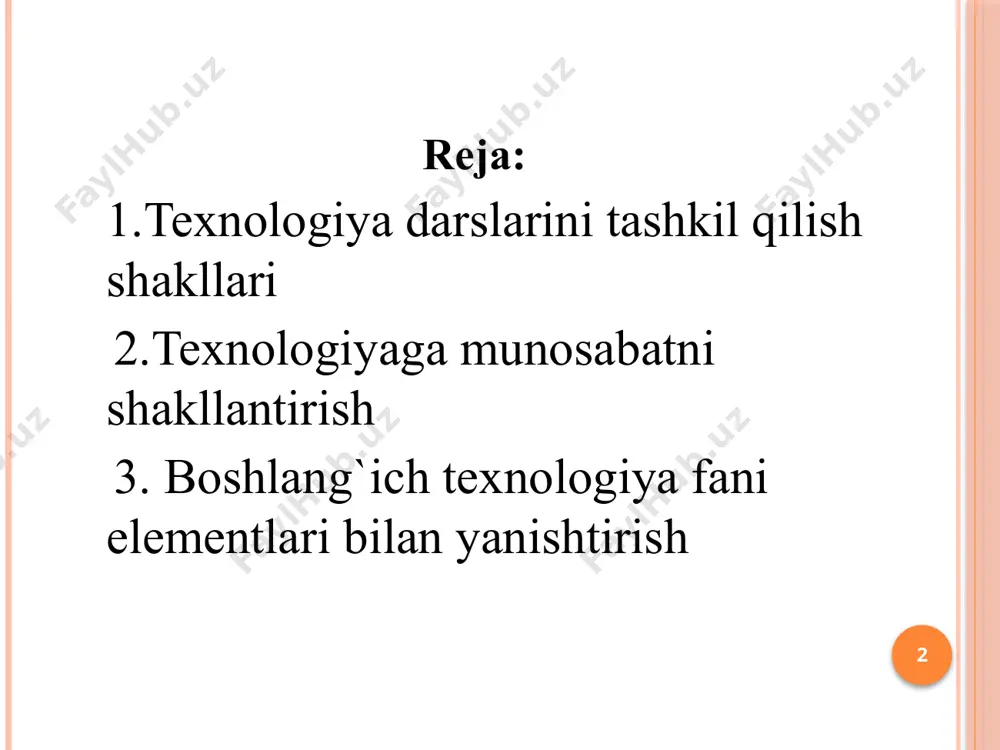 i ko'rsatish, yangi mavzu bo'yicha o'quvchilarning bajaradigan ishlari va bilim darajasini aniqlash, o'quvchilarni o‘z-o‘zini nazorat qilishlari, amaliy ishlarni mustaqil bajarishlari hamda o'quvchilarni amaliy mashg'ulotlar natijalarini yaxshilashga qaratish va hokazo. 6 amaliy va amaliy laboratoriya mashg'ulotlari. ishlab chiqarish korxonasiga sayohat sayohat—texnologiya ta’limini tashkil etishning shunday shakliki, u orqali o'quvchilar bevosita ishlab chiqarish sharoitida jihozlar bilan tanishib, texnologik va mehnat jarayonlarini tashkil etishni kuzatib boradi, ya’ni o'quvchilarni bevosita ishlab chiqarish sharoitiga, jihozlar, texnologik va mehnat jarayonlari bilan tanishtirish maqsadida ishlab chiqarish korxonalariga sayohat o'tkaziladi. 7 firmalar, xususiy korxonalar bazasida mashg`ulot mashg'ulotni tashkil etishning bunday shaklidan 8—9-sinf o'quvchilari bilan kasb tanlashga yo'llash mashg'ulotlarini olib borishda foydalanish mumkin. mashg'ulotning bunday shaklini o'tkazishda firma yoki xususiy korxona bilan shartnoma tuziladi, o'quvchilarni zamonaviy texnika va texnologiyaga asoslangan unumli mehnatda qatnashishlari uchun qulay sharoitlar yaratiladi 8 o`quchilarni mehnatga oid mustaqil ishlari o'quvchilarning texnologiyaga oid mustaqil ishlariga quyidagilar kiradi: uy vazifasi tariqasida topshiriqlar berish o'quvchilarni bilish faolligini, ijodiy …