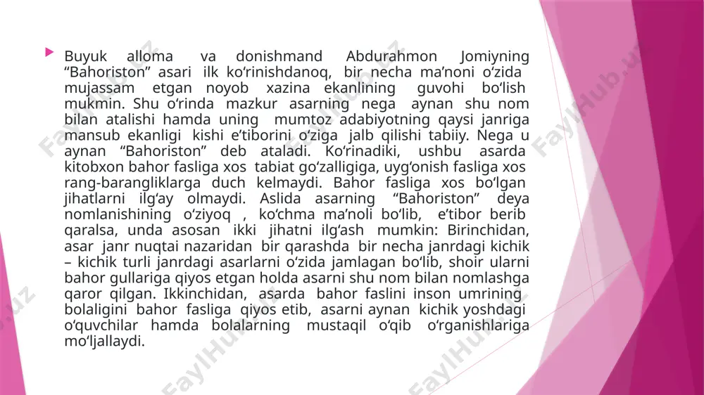 hundan so‘ng fikrning isboti uchun biron bir she’riy parcha: xususan, masnaviy, qit’a, ruboiy kabi janridagi asarlardan foydalangan. masalan: bir tulki bolasi onasiga qarab: -menga it bilan yuzma-yuz kelib qolganda qutilib keptsh hiylsini o‘rgat,-degan ekan, unga onasi: -buning xiylasi juda ko‘p, ammo eng yaxshisi shuki, uydan chiqmay o‘tir, na u seni ko‘rsin, na sen uni,-deb javob beribdi. qit’a nokas senga dushman bo‘lib qolsa gar, ming xiyla nayrang aylama pardoz. ming xil hiyla nayrang vahmidan ko‘ra sulhi-yu, jangidan saqlanganing soz. mazkur qurilish, xususan, avval nasriy bayon etish, so‘ngra uni dalillash uchun she’riy parchalardan foydalanish butun asar qurilishida saqlanib qolingan. abdurahmon jomiyning “bahoriston” asari mavzu jihatidan har rang-barangdir. unda adib tomonidan komil inson tarbiyasi uchun muhim bo‘lgan quyidagi mavzular ustidan bosh qotiriladi. ular: darveshlik haqida, donolar hmkmati haqida, shohlik va adalat hkaqida, sahovat va karam haqida, do‘stlik va muhabbat haqida, she’r va shoirlik haqida, shuningdek, masallar, mutoibotlar kabilardir. yuqorida ta’kidlaganlardan ko‘rinadiki, asarning qurilishi …