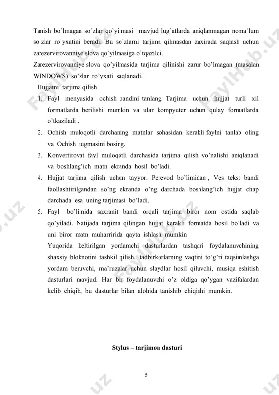 an весь текст bandi faollashtiriladi. so`ng ekranning o`ng darchasida boshlang`ich hujjat, chap darchada esa uning tarjimasi hosil bo`ladi. 5. файл bo`limida сохранить bandi orqali tarjima biror nom ostida saqlab qo`yiladi. natijada tarjiam qilingan hujjat kerakli formatda hosil bo`ladi va uni birbor matn muharririda qayta ishlash mumkin. bundan tashqari foydalanuvchining shaxsiy blaknotini tashkil qilish, tadbirkorlarning vaqtini to`g`ri taqsimlashda yordam beruvchi, ma’ruzalar uchun slaydlar hosil qiluvchi, musiqa eshitish dasturlari mavjud. promt tarjimon dasturining imkoniyatlari. promt sistemasini universal, shu bilan birga ixtisoslashgan lug`atlardan iborat boy tarkiblarini o`z ichiga olib, ulardan foydalanish boshqaruvchi vositalarini o`z ichiga oladi. bironta ham lug`atga kirmagan sozlar tarjimasini mustaqil ravishda aniqlab, iste’mol lug`atida saqlaydi. bundan tashqari, promt programmami hususiy ismlar va tarjima qilish talab etilmaydigan boshqa so`zlar, masalan, qisqartma so`zlar bilan ishlash qoidalarini ko`rsatish imkonini ham beradi. programmaning qo`shimcha imkonyatlari fayllarning turkum tarjimalari, tekislanmagan matnlarning tezkor tarjimalari, shuningdek, internetdagi web sahifalarini sinxron tarjima qilish imkonini o`z ichiga oladi. ushbu …
