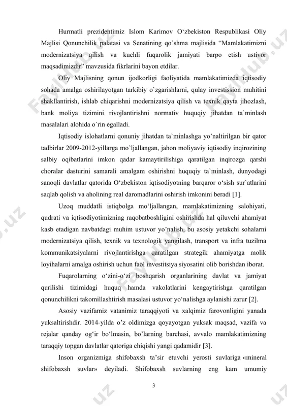 strategik ahamiyatga molik loyihalarni amalga oshirish uchun faol investitsiya siyosatini olib borishdan iborat. fuqarolarning o‘zini-o‘zi boshqarish organlarining davlat va jamiyat qurilishi tizimidagi huquq hamda vakolatlarini kengaytirishga qaratilgan qonunchilikni takomillashtirish masalasi ustuvor yo‘nalishga aylanishi zarur [2]. asosiy vazifamiz vatanimiz taraqqiyoti va xalqimiz farovonligini yanada yuksaltirishdir. 2014-yilda o’z oldimizga qoyayotgan yuksak maqsad, vazifa va rejalar qanday og‘ir bo‘lmasin, bo’larning barchasi, avvalo mamlakatimizning taraqqiy topgan davlatlar qatoriga chiqishi yangi qadamidir [3]. inson organizmiga shifobaxsh ta’sir etuvchi yerosti suvlariga «mineral shifobaxsh suvlar» deyiladi. shifobaxsh suvlarning eng kam umumiy minerallashishi miqdori davlat standartlari bo‘yicha 2 g/l dan kam bo‘lmasligi va ayrim elementlarning miqdori quyidagi ko‘rsatkichdan oshmasligi kerak (mg/l ): ammoniy – 2,0; nitratlar – 2,0; vanadiy – 0,4; simob – 0,02; qo‘rg‘oshin – 0,3; xrom – 0,5; uran – 0,5; radiy – 5–10–10 g/l; margimush – 3,0; ftor – 3; organik moddalar – 30 mg/l. ayrim yerosti suvlari konlarida minerallashish miqdori 20–30 g/l gacha, tuz …