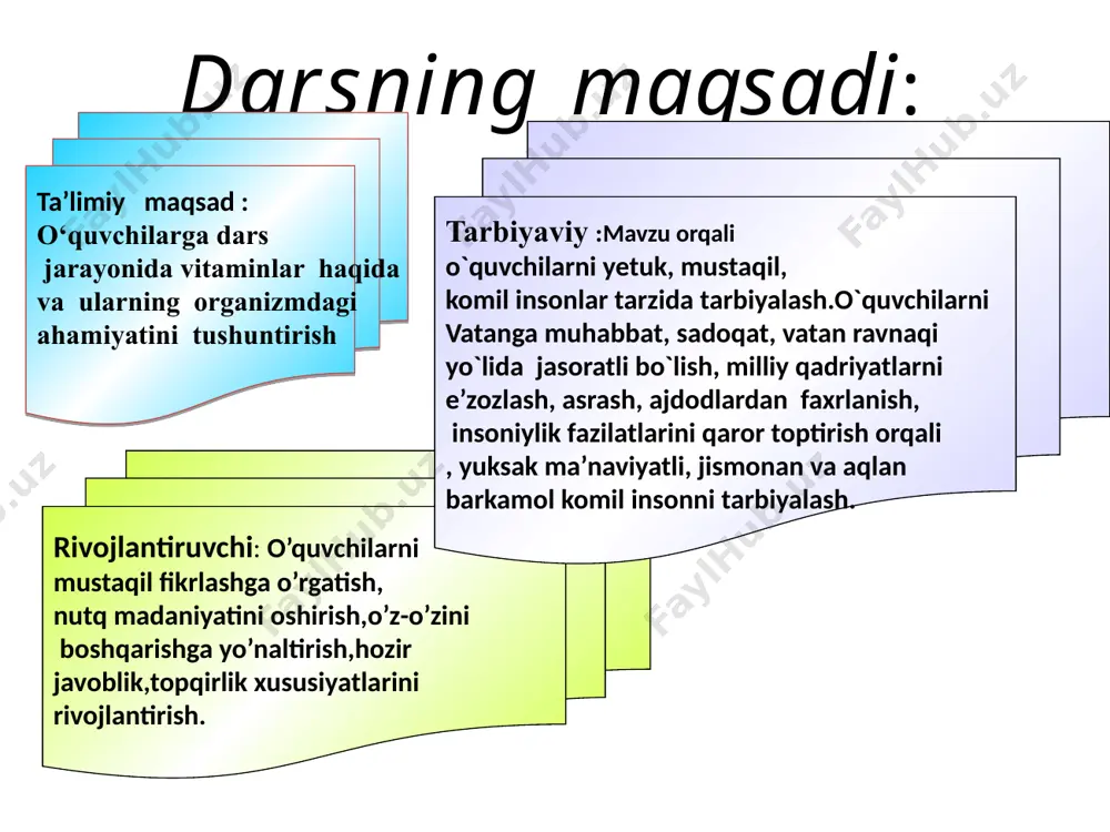 eng zarur vitaminlarga bo’lgan bir kunlik ehtiyoj a vitamini (retinol)-1,5mg b1 vitamini (tiamin) 1,5-2mg b2 vitamini (riboflamin) 2,5-3,6mg c vitamini (askorbin kislota) 70-100mg d vitamini (kalsiyferol) 13-25mg e vitamini (tokoferol) 0,1-0,5mg pp vitamini (nikotin kislota) 15-25mg k vitamini (filloxinon) 2mg yangi mavzuni mustaqil o`rganish uchun mustaqil o`rganish uchun topshiriqlar 22 4.topshiriq vitaminlar bilan tanishish”matbuot anjumani” a a a vitamini, asosan, baliq yog‘i: sariyog‘, sut, tuxum sarig‘i, baliq ikrasi va boshqa hayvon mahsulotlarida mavjud. o‘simliklardan sabzi, ismaloq, pomidor, o‘rik va qizil garmdorida bu vitaminni hosil qiladigan karotin moddasi bo'ladi. a vitamini organizmning o‘sishi va rivojlanishiga ta’sir ko'rsatadi. bu vitamin yetishmaganida ko‘pincha shabko‘rlik paydo bo‘ladi. bolalar ovqatida a vitamini yetishmaganida ularning bo'yi va sochlari yaxshi o'smaydi, tishlarining shakllanishi buziladi. 0‘pka va ichakning jarohatlanishi kuzatiladi. odam har kuni 1 g ga yaqin a vitamini iste’mol qilishi lozim. b guruhi vitaminlari b1 b2 b1 b1 vitamini boshoqli va dukkakli ekinlar donida va tuxum sarig'ida, …