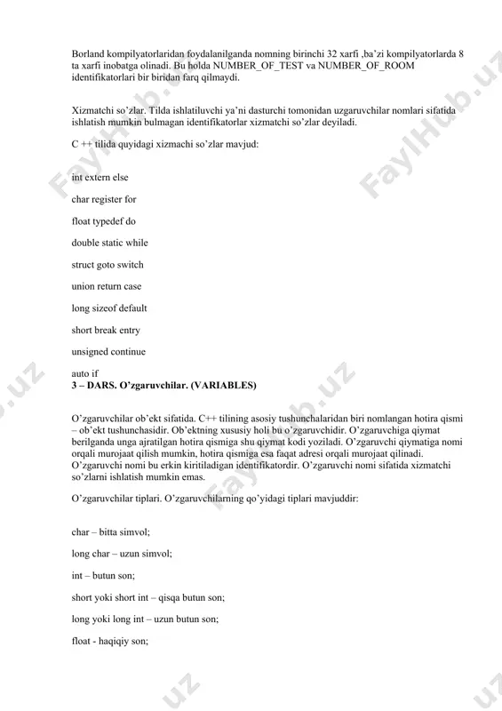 nlar ketma ketligidan iborat buladi. identifikator lotin xarfidan yoki ostki chizish belgisidan boshlanishi lozim. misol uchun: a1, _max, adress_01, rim, rim katta va kichik xarflar farklanadi, shuning uchun ohirgi ikki identifikator bir biridan farq qiladi. borland kompilyatorlaridan foydalanilganda nomning birinchi 32 xarfi ,ba’zi kompilyatorlarda 8 ta xarfi inobatga olinadi. bu holda number_of_test va number_of_room identifikatorlari bir biridan farq qilmaydi. xizmatchi so’zlar. tilda ishlatiluvchi ya’ni dasturchi tomonidan uzgaruvchilar nomlari sifatida ishlatish mumkin bulmagan identifikatorlar xizmatchi so’zlar deyiladi. c ++ tilida quyidagi xizmachi so’zlar mavjud: int extern else char register for float typedef do double static while struct goto switch union return case long sizeof default short break entry unsigned continue auto if 3 – dars. o’zgaruvchilar. (variables) o’zgaruvchilar ob’ekt sifatida. c++ tilining asosiy tushunchalaridan biri nomlangan hotira qismi – ob’ekt tushunchasidir. ob’ektning xususiy holi bu o’zgaruvchidir. o’zgaruvchiga qiymat berilganda unga ajratilgan hotira qismiga shu qiymat kodi yoziladi. o’zgaruvchi qiymatiga nomi orqali …
