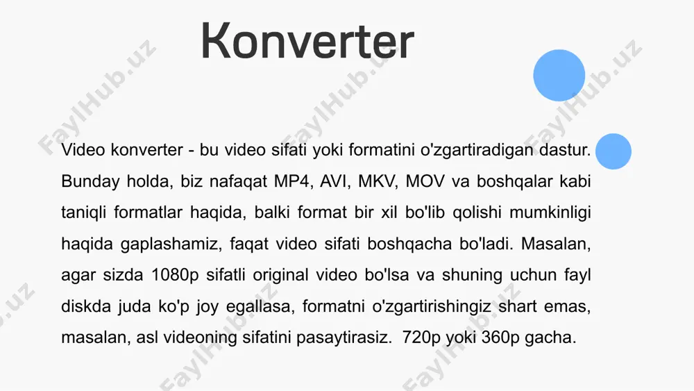 eolarni saqlash: o'zgartirilgan videolarni tanlangan joyda saqlashni o'zi o'zi o'z ichiga oladi. sozlashlar va effektlar: videolar uchun engil, tushuntiruvchi va ko'plab boshqa sozlashlarni qo'llab-quvvatlash. video konvertorlar, videolarni o'zgartirish, o'zgartirish, va istalgan maqsad uchun tayyorlash uchun keng foydalaniladigan qulay dasturlardir. ular qulaylik, osonlik va o'zgartirilgan videolarni yaratish imkonini beradi. format factory konvertatori format factory - bu multimedia fayllarini aylantirish uchun bepul kompyuter dasturi. dastur video, audio va tasvir fayllarini, shuningdek, dvd disklarni videofayllarga, cd larni audio fayllarga aylantirishi mumkin. mp4 fayllarni ipod/iphone/psp/blackberry formatlariga o'zgartiradi. oxirgi versiya: 5.16.0.0 (2023-yil 1-noyabr) tuzuvchi: bo'sh vaqt veb-sayt: pcfreetime.com turi: ma'lumotlarni aylantirish handbrake: handbrake bepul va ochiq manbali video konvertor hisoblanadi. boshqa formatlarga video o'zgartirish, ko'chirish va o'zgartirilgan videolarni yaratish imkonini beradi. video kodeklarini va parametrlarini qo'llab-quvvatlaydi. platformalar: windows, macos, va linux. freemake video converter: freemake bepul dasturdir va komfortlik bilan ishlaydi. video fayllarni bir formatdan boshqasiga o'zgartirish, tahrirlash, va ko'chirish imkonini beradi. video optimallashtirish, subtitrlarni …