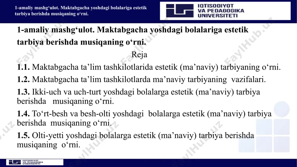i alohida o‘rinni egallaydi. kattalarning ochiq yuz bilan so‘zlashuvlari bolaga ijobiy munosabatda bo‘lishlariga yordam beradi. yoki, aksincha, kattalarning ogohlan-tiruvchi ovozi ularning yuzidagi xursandchilik alomati yoki xo‘mrayib qarashlari, jerkib berishlari bolalarda salbiy munosabatni shakllantiradi. 1-amaliy mashg‘ulot. maktabgacha yoshdagi bolalariga estetik tarbiya berishda musiqaning o‘rni. 4 bola hayotining ikkinchi yilida uning idroki sekin-asta ta­komillashib boradi. bola endi faqat borliq xususiyatlarini emas, shu bilan birga san’at asarlaridagi ayrim estetik ifoda vositalarini idrok eta boshlaydi. bu yoshdagi bolalarda musiqaning quvnoq va g‘amginligiga ularning qattiq va sokin ohangiga, ohista va tezligiga javob ta’siri paydo bo‘ladi. o‘rta guruh bolalarida go‘zallikni idrok etish jarayoni aniq ifodalangan va ta’sirli faol tusda bo‘ladi. bu ayniqsa, qo‘g‘irchoq teatri, kino, multfilm, teatr-larni tomosha qilganlarida namoyon bo‘ladi. bu yoshdan boshlab bolalar tanish bo‘lgan san’at asarlarini yangi asarlar bilan solishtiradilar va ba’zi bir hulosalar chiqaradilar. bolalar ertakni hikoyadan, marshni raqsdan, allani o‘yindan ajrata boshlaydilar. katta guruhning oxirlariga kelganda ular musiqani, badiiy asarlarni diqqat …