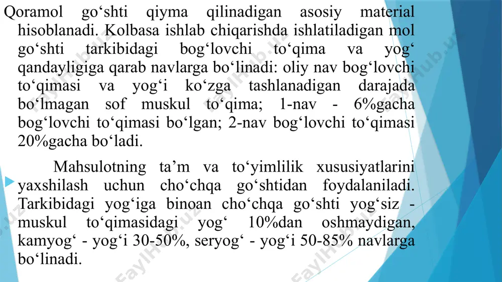 120s haroratda 25-30 kun mobaynida quritiladi. xom dudlangan kolbasalarning to‘q-jigar rang qobig‘ida ustiga chiqqan tuz gardi bo‘ladi; qiymasi pushtidan to to‘q-qizil ranggacha; konsistensiyasi zich; ta’mi yoqimli, ziravorlar va dudlanganlik xushbo‘yi kelib turadi. bu kolbasalarning namligi - ko‘pi bilan 30% bo‘ladi. dudlangan kolbasalarning sifat ko‘rsatkichlari. dudlangan kolbasalarning yuzasi toza, quruq, dog‘lari, yopishgan narsalari yo‘q, qobig‘i shikastlanmagan, qaynab chiqqan qiymalari yo‘q bo‘lishi kerak. dudlangan kolbasalarning konsistensiyasi zich, kesilgan joyida qiymasi bir tekis qorishgan, kulrang dog‘lari va bo‘shliqlari yo‘q, tarkibida cho‘chqa yog‘ining, cho‘chqa to‘shining, kamyog‘ cho‘chqa go‘shtining bo‘lakchalari bor bo‘ladi. ta’mi yoqimli, sal o‘tkir, sho‘rroq, dudlanganlik vыa ziravorlarning xushbo‘y hidi kelib turadi. yuzasida quruq mog‘or g‘ubori bo‘lishi xom dudlangan kolbasalarga xos xususiyat hisoblanadi. dudlab-qaynatilgan kolbasalarning qobig‘i quruq, mog‘orsiz va shilimshiqsiz to‘q-jigar rang o‘ladi. tarkibidagi namlik va dudlangan kolbasalarda ko‘pi bilan 30%, dudlab qaynatilgan kolbasalarda 43% gacha bo‘ladi. tuz xom dudlangani kolbasada 3-6%, dudlab qaynatilganida ko‘pi bilan 5% bo‘ladi. go‘sht konservalari yuqori ozuqalik qimmati, …