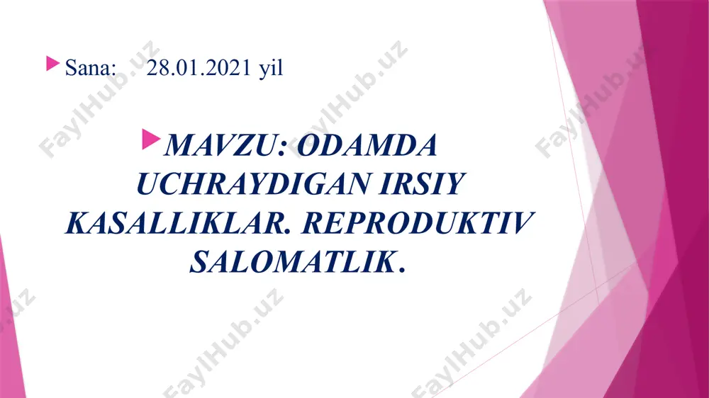 ganligi sababli ayol va erkaklarda uchraydi. bu kasallikka chalingan bemorlarga xos belgilar quyidagilar: bemorning boshi nisbatan kichik, yuzi va peshonasi keng, ko’zlari kichik, bir-biriga yaqin joylashgan, og’zi yarmi ochiq, aqli zaif, bepusht bo’ladi. klaynfelter sindromi klaynfelter sindromi faqat erkaklarda uchraydi. sitogenetik tahlil natijasida ularning jinsiy “x” xromosomalari soni normaga nisbatan bittaga ko’payganligi aniqlangan. oqibatda ushbu kasallik bilan kasallangan shaxslar jinsiy xromosomalar bo’yicha xxy genotipiga ega bo’ladilar. klaynfelter sindromiga ega bo’lgan erkaklar jismoniy va aqliy jihatdan o’zgarishlar paydo bo’ladi. ularda qo’l oyoqlar haddan tashqari uzun bo’ladi. yelka chanoqqa nisbatan tor bo’lib, jinsiy bezlar rivojlanishi buziladi. balog’atga yetish davridan boshlab bir qadar aqliy qoloqlik yuzaga keladi. bu kasallik o’rta hisobda yangi tug’ilgan 500 ta o’g’il boladan bittasida uchraydi. shereshevskiy – terner sindromi ayollarda jinsiy xromosomalar mutatsiyasi bilan bog’liq bo’lgan kasallik. bu kasallikkka duchor bo’lgan ayollarda juft gomologik jinsiy xromosomalar soni bittaga kamayadi. ularda xromosomalar soni 46 ta emas, balki 45 ta xo …