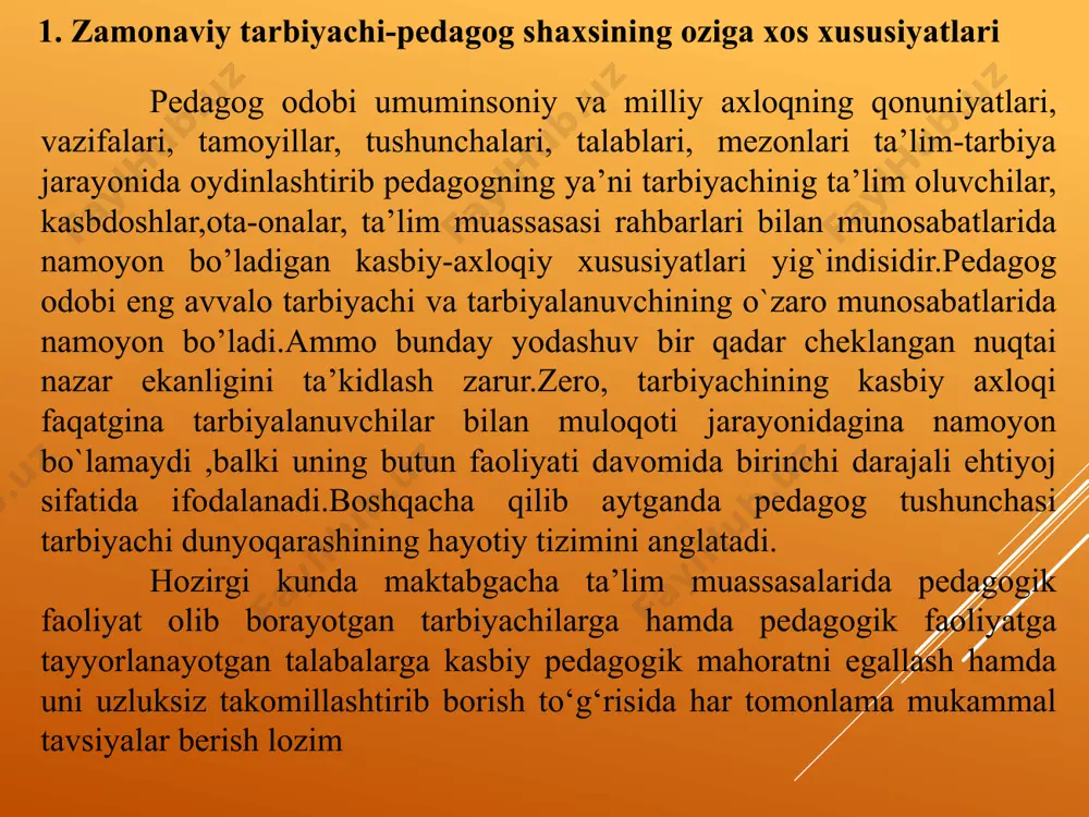samaradoriigini oshrishga e’tiborni kuchaytirish hozirgi kunning dolzarb muammosi sifatida tan olinmoqda. shu o’rinda bir savol tug’iladi, hozirgi kundagi murabbiy tarbiyachi pedagogik mahoratga ega bo‘lishi uchun qanday talablarga javob berishi lozim. tarbiyachining shaxsiy xislatlariga ularning bolalar jamoasidagi vazifalari, ularning ish faoliyatidagi fidoyiligi, bolasevarligi, bolaning istiqboliga qiziqishlari bilan aniqlanadi. umuman olganda, maktabgacha ta’lim tashkilotlarida faoliyat yurituvchi murabbiy va tarbiyachilar quyidagi psixo-fizologik xususiyatlarga ham ega bo‘lishi kerak: ➢ mustahkam sog‘liq, sog‘lom fikrlilik, jismoniy baquvvatlilik, irodalilik, chidamlilik, ishchanlik, g‘ayratlilik, bayroqdor bo‘lishga ishtiyoqlilik bo‘lishi kerak; ➢ ular konstruktiv, analitik va ijodiy fikrlashlarga ham qodir bo‘lishlari kerak; ➢ nutq madaniyati, muomala madaniyati hamda kommunikativlik. xullas murabbiy tarbiyachilar o’zlarining kasbiy mahoratiga qo’yilgan talablarga amal qilsa, birinchidan, bolalar bilan ishlashda ularning tarbiyasi va rivojlanishiga qayg‘uradi, hamda ularga ishonish orqali bolalarning faollik va ijodiy qirralarini namoyon qila oladi. bunda bolalarni tushuna olish qobiliyati ularning pedagogik mahoratiga o‘ta muhim sifatiy ko‘rsatkich sifatida namouon bo‘ladi. ikkinchidan, ular tashkilotchilik faoliyati orqali bolalarda …