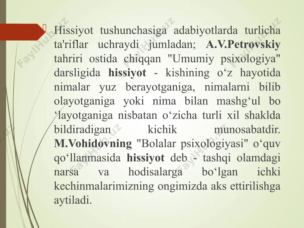 oladi. inson faoliyatining qaysi bir turi, yoki qaysi bir sohasi, hislarni qaysi birining asosiy ekanligiga qarab, yuksak hislarning muhim turlari: praksik, axloqiy, intellektual, estetik turlari ajratiladi. psixologiya fanida yuksak hislar quyidagi turlarga ajratiladi: 1) mehnat faoliyatini davomida kechiriladigan hislar-praksik hislar (yunoncha-praxis so‘zidan olingan bo‘lib, ish, faoliyat, yumush degan ma’noni anglatadi); 2) intellektual hislar (lotincha intellectusgan so‘zdan olingan bo‘lib, tushunish, aql degan ma’noni bildiradi); 3) axloqiy hislar (latincha moratis so‘zidan olingan bo‘lib, axloqiylik degan ma’noni anglatadi); 4) estetik hislar (yunoncha aistesis degan so‘zdan olingan bo‘lib, hissiy idrok, hissiy degan ma’noni aks ettiradi). praksik hislar. inson amaliy hayotining istalgan sohasi maqsadga muvofiq aqliy faoliyatiga, shaxsning ularga nisbatan muayyan munosabatda bo‘lish sohasiga aylanib qoladi. bu birinchi navbatda biror maqsadni anglabgina qolmay, uni e'tirof etadigan yoki inkor qiladigan maqsadlarga erishish yo‘llarini baholaydigan ta'sir qilish usullari va ko‘lamlarini ma'qullaydigan va ma'qullamaydigan, ularni to‘g‘ri tanlanganligiga shubhalanadigan, nihoyat muvaffaqiyat yoki muvaffaqiyatsizlik hissini kechiradigan mehnat faoliyatida kuzatiladi. mehnat …