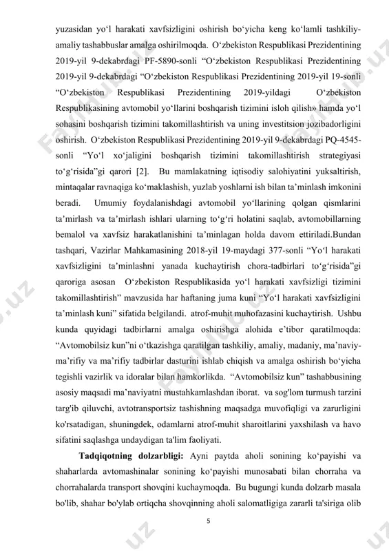 shaxar ko‘chalarida transport shovqinini o‘lchash usullarini urganish -xarakat miqdori va tarkibini transport shovqiniga tasirini aniqlash; - ko‘chaning ekspluatatsion xolatini transport shovqiniga tasiri - kesishma va tutashmalarda transport shovqinini pasaytirish yo‘llari; -tavsiya etilgan tadbirlar va ularni iqtisodiy asoslash. tadqiqotning ilmiy yangiligi: : shaharlarda kesishma va tutashmalarda transport xarakatidan chiqayotgan shovqin tarqalishini piyodalar va shahar aholisiga ta’sirini zamonaviy usullar yordamida aniqlash. tadqiqot uslubiyati va uslublari: dissertasiya ishida eksperiment-tadqiqot, tadqiqot natijalarini statistik qayta ishlash uslublaridan foydalanildi. tadqiqotning ilmiy va amaliy ahamiyati: shahar ko‘chalaridagi avtomobil yo‘llarining transport ekspluatatsion ko‘rsatkichlarini yaxshilash, chorraha va tutashmalarda xarakatning uzluksiz davomiyligini taminlash orqali shovqin tarqalishini tadqiq qilish 1 bob. shahar ko‘chalarining transport shovqini tarqalish xolatini o‘rganish. 1.1 shaxar ko‘chalarida transport shovqini tarqalishi bo‘yicha bajarilgan ilmiy tadqiqot ishlarini taxlili. o‘zbekistonlik mutaxassislar o‘z tadqiqotlarida shahar ko‘chalarida avtomobil shovqinidan kelib chiqadigan atrof-muhitning ifloslanishi masalasini atroflicha o‘rganib chiqdi. qurilish institutidan xotamov asadulla toshtemirovich va fitrat abdixalil o‘g‘li abdixalilovning ilmiy hissasi, jumladan “shovqin darajasining …