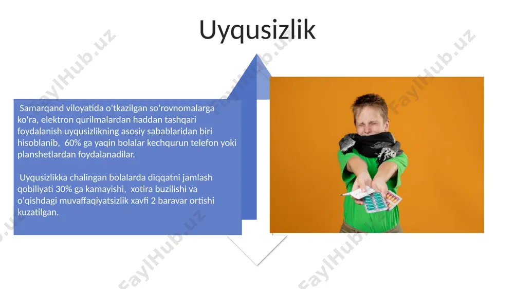 ng ahamiyati katta. o'zbekistonda 2022-yilda yuqumli kasalliklarning 15% dan ortig'i nafas yo'llari infektsiyalari, shu jumladan gripp va pnevmoniya bilan bog'liq bo'lgan. bu yuqori ko'rsatkich toshkent shahri va samarqand viloyatlarida kuzatildi. surunkali kasalliklar surunkali kasalliklar, masalan, astma, o'zbekistonda 5-14 yoshli bolalar orasida 20% ga yaqin tarqalgan bo'lib, jahon sog'liqni saqlash tashkiloti ma'lumotlariga ko'ra, bu ko'rsatkich rivojlangan mamlakatlarga nisbatan yuqori. surunkali buyrak kasalliklari, ayniqsa, rivojlanayotgan mamlakatlarning qishloq hududlarida, masalan, afrika mamlakatlarida yuqori darajada uchraydi va bolalarning o'sishini va rivojlanishini sezilarli darajada sekinlashtiradi. sog'lom turmush tarzini shakllantirish samarqand viloyatida o'tkazilgan tadqiqotlar shuni ko'rsatdiki, to'g'ri ovqatlanishga rioya qiluvchi bolalarning 85% i o'quv yutuqlarida yuqori ko'rsatkichlarga ega bo'lib, akademlik muvaffaqiyatlarida sezilarli o'sish kuzatilgan. surxondaryo viloyatining qishloq hududlarida 2023-yilgi ma'lumotlarga ko'ra, bolalar orasida vitamin yetishmasligi 30% dan oshganligi va bu immunitet tizimining zaiflashishiga olib kelishi mumkinligi aniqlangan. bolalar va ekranlar o'zbekistonning 2022 yildagi milliy so'rovnomalariga ko'ra, 5-12 yoshli bolalarning 70% dan ortig'i kuniga 4 soatdan ko'proq …