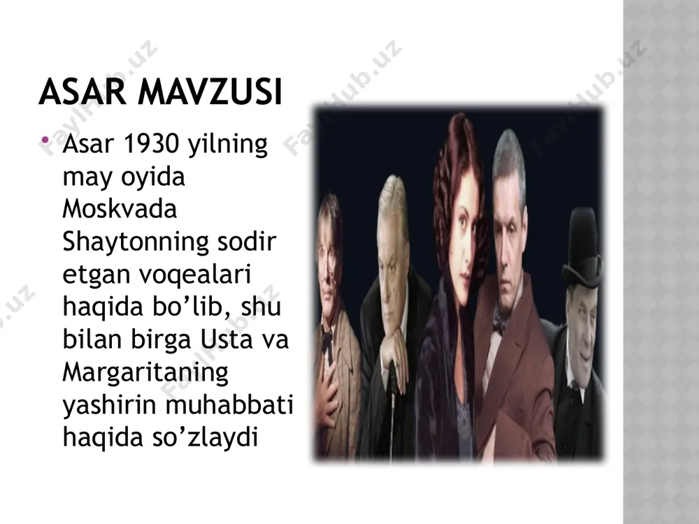 va ushbu kvartirada yashovchi va unga da’vo qiluvchilardan birma bir “qutila boshlaydi”. va bu orada u o’zini sehirgarlik bo’yicha professor deb tanitadi va shahardagi varete teatrida qora afsun va uning fosh etilishi nomli o’z chiqishini uyushtiradi. bu esa o’z navbatida ko’z ko’rib quloq eshitmagan voqealar bilan yakunlanadi va bu yilda bir marotaba shayton tomonidan o’tqaziladigan dozaxiylar uchun ball oldidan bo’lib bu ball uchun qirolicha sifatida margarita nikolaevna tanlab olinadi asar sujeti unsurlari kulminatsiya : voqealrning moskvada bo’lib otayotgan qismi uchun shubhasiz asarning ball qismi va undan so’ng margarita va voland suhbati asar kulminatsiyasi bo;lib xizmat qiladi. yershalimdagi voqealar uchun esa kulminatsiya ha norsining qatl jaroyoni bo’ladi desam adashmagan bo’laman menimcha. yechim : usta va margaritaning o’limi va ularning o’zlarining makonlarida halovat topishi va iudeyaning beshinchi prokuratori pontiy pilatning kechirilishi va ozod etilishidir epilog: asarga epilog sifatida asarning so’nggi bobi va bizga tanish bo’lib qolgan qahramonlarning taqdirlari qanday kechganligi bayoni berilgan. …