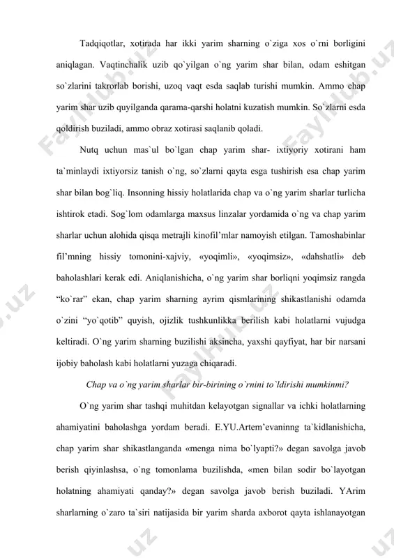 ning echimi birdaniga topilgandek taassurot qoldiradi. ko`p hollarda ushbu muammo intuitsiya yo`li bilan xal bo`ldi, deb o`ylanadi. intuitsiya bilishning maxsus usuli bo`lib, izlanayotgan xulosaga birdaniga kelishlik illyuziyasi sodir bo`ladi. adabiyotlar: 1. granovskaya a.a.elemento` prakticheskoy psixologii. m-1995. 2. bioelektricheskaya aktivnost’ mozga i individual’no`e razlichiya. m-1991. 3. kado`rov b.r.izuchenie sklonnostey podrostkov. m-1996 4. www.ziyonet.uz