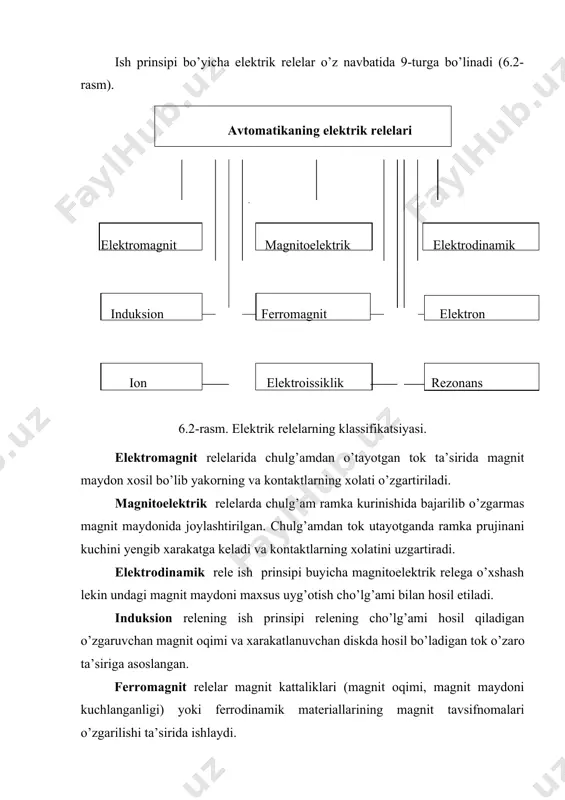enti: ishga tushishi qo’yib yuborish 6. kuchaytirish koeffitsiyenti - kontaktlardagi quvvatning kirish signalidagi quvvatga nisbati relelarning yana bir muxim parametrlaridan (6.3- rasm) biri - ularning ishga tushish va qo’yib yuborish vaqtlari. cho’lg’amga kuchlanish berilganda u shu vaqtning o’zida ishga tushmasdan, balki bir oz vaqtdan keyin ishga tushadi. ushbu т i.t vaqt ishga tushish vaqti deb ataladi. kuchlanish cho’lg’amidan ajratilganda ham qo’yib yuborish ma’lum bir vaqt ichida amalga oshadi - тk 10. bu vaqt quyib yuborish vaqti deyiladi. ushbu inersionlik chulg’amning katta induktivlik bilan tushuntiriladi. grafikdagi 0 nuqtasi chulg’amni manbaga ulanishiga to’g’ri keladi. т siljish vaqti mobaynida relening xarakatlanuvchi qismlari tinch xolatda bo’ladi. тok esa i toki qiymatigacha o’sadi. т=т vaqt mobaynida relening xarakatlanuvchi qismlari bir turg’un holatdan ikkinchi turg’un holatga o’tishadi. shundan keyin tok o’zining nominal ko’rsatkichi – i n gacha oshadi. kuchlanish ajratilishi bilan relening toki т gacha kamayadi. bu vaqtda yakor o’zining eski holatiga qaytadi. demak relening ajralishi …