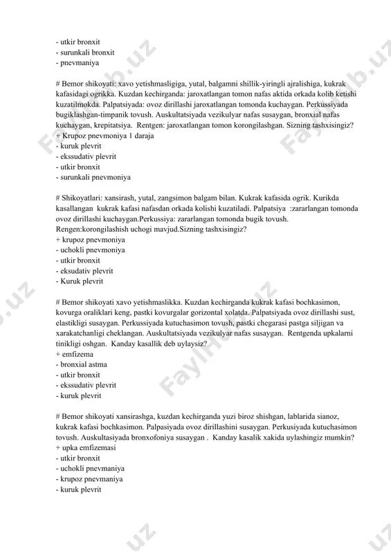 vrit - pnevmoniya - upka emfizemasi - bronxial astma # bemor 42 yeshda. kasallik utkir boshlangan, ung bikinida ogrik paydo bulgan, nafas aktivligi kuchayagan. bemorni kuzdan kechirganda majburiy xolat, ogrikli tomonda yetishi aniklangan. auskultatsiyada plevraning ishkalanish shovkini eshitiladi. kanday kasallik xakida fikr yuritish mumkin? + kuruk plevrit - ekssudativ plevrit - utkir bronxit - surunkali bronxit - pnevmaniya # bemor shikoyati: xavo yetishmasligiga, yutal, balgamni shillik-yiringli ajralishiga, kukrak kafasidagi ogrikka. kuzdan kechirganda: jaroxatlangan tomon nafas aktida orkada kolib ketishi kuzatilmokda. palpatsiyada: ovoz dirillashi jaroxatlangan tomonda kuchaygan. perkussiyada bugiklashgan-timpanik tovush. auskultatsiyada vezikulyar nafas susaygan, bronxial nafas kuchaygan, krepitatsiya. rentgen: jaroxatlangan tomon korongilashgan. sizning tashxisingiz? + krupoz pnevmoniya 1 daraja - kuruk plevrit - ekssudativ plevrit - utkir bronxit - surunkali pnevmoniya # shikoyatlari: xansirash, yutal, zangsimon balgam bilan. kukrak kafasida ogrik. kurikda kasallangan kukrak kafasi nafasdan orkada kolishi kuzatiladi. palpatsiya :zararlangan tomonda ovoz dirillashi kuchaygan.perkussiya: zararlangan tomonda bugik tovush. rengen:korongilashish uchogi …