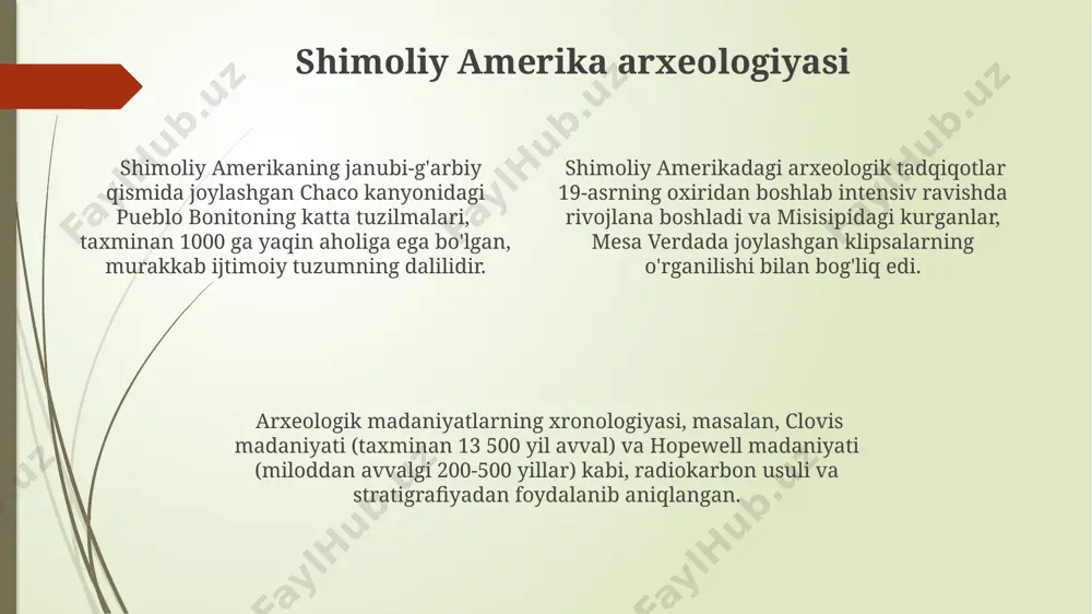 a ega bo'lgan manbalar sifatida tahlil qiladi. janubiy amerika arxeologiyasi kolumbiyadan oldingi davrga oid keramika san'ati, and tog'laridagi nazca chiziqlari va peru amazonkasidagi kuelap kabi ajoyib me'moriy yodgorliklar janubiy amerika madaniyatining boyligi va xilma-xilligini aks ettiradi. inklar imperiyasi davriga oid (1438-1533) machu pikchu kabi ulkan shaharlarning qurilishi, murakkab ijtimoiy tuzilmalar va rivojlangan qishloq xo'jaligi tizimlari janubiy amerika arxeologiyasining muhim tadqiqot mavzusi hisoblanadi. janubiy amerikada, taxminan 10 000 yil avvalgi paleolit davriga oid asboblar va uy-joy qoldiqlari, shu jumladan, chilida topilgan monte verde sayti kabi muhim arxeologik joylar topilgan. arxeologiyaning asosiy maktablari arxeologiyada 19-asr oxiri va 20-asr boshlarida qadimgi misr va yaqin sharqdagi qazishmalar natijasida paydo bo'lgan tarixiy-madaniy maktab dunyo arxeologiyasiga katta ta’sir ko'rsatdi. amerika arxeologiyasi, ayniqsa shimoliy amerikada, 1930-yillardan boshlab mintaqaviy o'zgarishlar va madaniyatlarning 3 davrga bo'linishi bilan ajralib turadi: paleolit, mezolitik va neolit. post-prosessual arxeologiya 1980-yillarda buyuk britaniyada paydo bo'lib, arxeologik materiallarni talqin qilishda ijtimoiy va madaniy omillarga, shu …