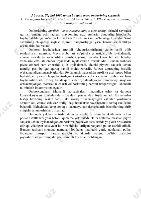 iii – maishiy xizmat xonalari omborlarning qurilish – konstruksiyasining o‘ziga xosligi birinchi navbatda qurilish amalga oshiriladigan maydonning sizot suvlarini chuqurligi hisoblanib, loyiha talablariga ko‘ra bu ko‘rsatkich 2 metrdan kam bo‘lmasligi lozimdir. sizot suvlarning chuqurligi saqlash rejimini barqarorligiga, ya’ni harorat va namlikga o‘z ta’sirini ko‘rsatadi. omborni loyihalashda erto‘lali (chuqurlashtirilgan) va er ustili qilib rejalashtirish mumkin. meva omborlari ko‘pincha er ustida qilib loyihalanadi, chunki mevalarga tovar ishlov berishda yorug’ xonalar kerak bo‘ladi, bunday xonalarni erto‘lali ombor loyihasida rejalashtirish mushkuldir. bundan tashqari piyoz ombori ham er ustida qilib loyihalanadi, chunki piyozni saqlash uchun namligi past bo‘lgan quruq havoli muhit zarurdir. ba’zan tuproqning issiqlik o‘tkazmaydigan xususiyatlaridan foydalanish maqsadida atrofi va usti tuproq bilan berkitilgan yarim chuqurlashtirilgan kartoshka yoki sabzavot omborlari ham loyihalashtiriladi. hozirgi kunda qurilishda foydalanilayotgan zamonaviy issiqlikni o‘tkazmaydigan materiallar er usti omborlarining harorat barqarorligini ishonchli ta’minlash imkoniyatiga egadir. omborxonalarni ishonchli izolyasiyalash maqsadida eshik va darvoza konstruksiyasini loyihalashda shlyuzlash prinsipidan foydalaniladi. birinchidan tashqi havoning …