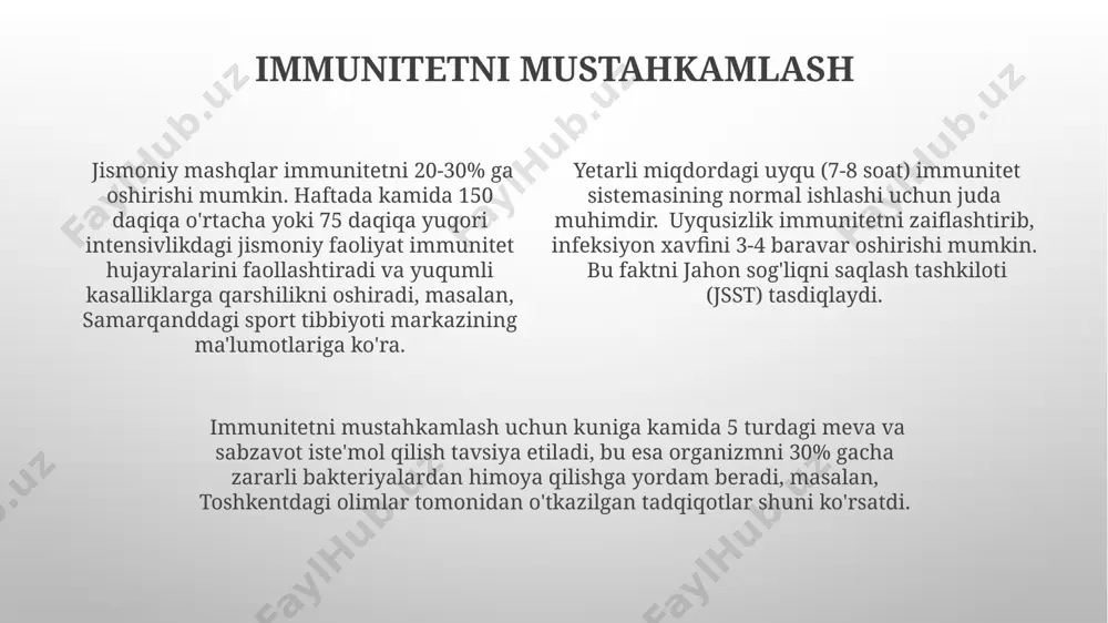 an ortiq turli xil dasturlarni, shu jumladan stressni boshqarish va psixologik yordam ko'rsatishni taklif qiladi. sog'lom turmush tarzining muhim tarkibiy qismi bo'lgan ruhiy salomatlik, jahon sog'liqni saqlash tashkiloti ma'lumotlariga ko'ra, dunyo bo'ylab 1 milliarddan ortiq odamga ta'sir qiluvchi depressiya va tashvish kabi 20 dan ortiq ruhiy kasalliklarni o'z ichiga oladi. o'zbekistonda ruhiy salomatlikka oid xizmatlarning mavjudligi 2023 yil holatiga ko'ra, hali ham yetarli emas, shuning uchun 50 dan ortiq tumanlarda ruhiy salomatlik mutaxassislari yetishmasligi kuzatiladi. yetarli uyqu o'rtacha 6 soatdan kam uxlash, xotira va konsentratsiya qobiliyatini pasayishiga, hatto 2-3 baravar ko'proq xato qilish ehtimolini oshirishi mumkin, bu esa ish unumdorligiga salbiy ta'sir ko'rsatadi. o'zbekistondagi tadqiqotlar ham buni tasdiqlaydi. yetarli uyqu, ya'ni kuniga 7-9 soat uzluksiz uxlash, immunitet tizimining mustahkamlanishiga va kasalliklarga chidamliligini oshirishga yordam beradi, amerika uyqu meditsinasi akademiyasi ma'lumotlariga ko'ra. yoshga bog'liq ravishda uyqu ehtiyojlari o'zgaradi; masalan, 18-25 yoshdagi yoshlar kuniga 7-9 soat, 65 yoshdan oshgan kishilar esa 7-8 …