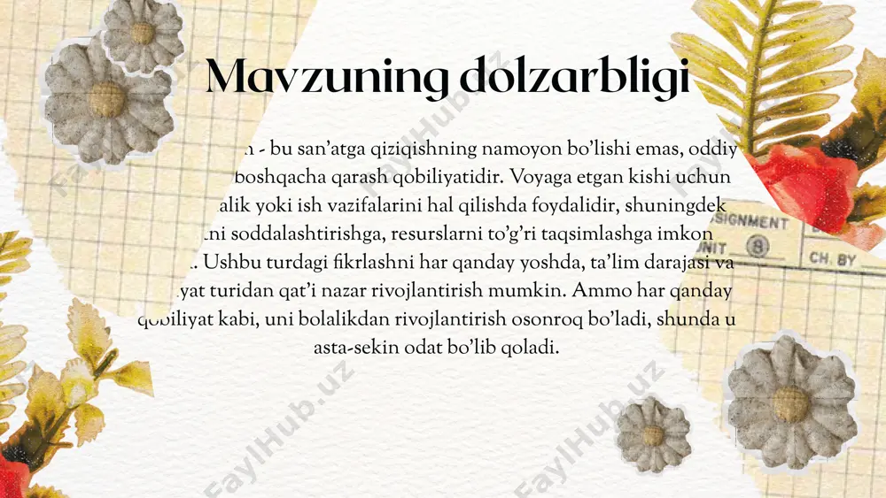 orligida ishlab chiqilgan dasturlar va strategiyalar bolalarning ijodiy salohiyatini ro'yobga chiqarishga xizmat qiladi. xulosa bolalarga erkin ijod qilish uchun qulay muhit yaratish. mashg‘ulotlarni qiziqarli va motivatsion o‘yinlar bilan boyitish. har bir bolaning qiziqish va iste’dodiga mos metodlarni tanlash. innovatsion texnologiyalardan foydalanish (interaktiv dasturlar, raqamli san’at). ota-onalarni ham bolalar ijodiy jarayoniga jalb qilish. taklif va tavsiya test 1. bolalarda ijodiy fikrlashni rivojlantirish uchun qaysi metod samarali hisoblanadi? a) takrorlash va yodlash mashqlari b) ochiq savollar berish va muammoli vaziyat yaratish c) tayyor javoblarni berish d) rolli o‘yinlar va teatr sahnalashtirish 2. bolalarning ijodiy tafakkurini rivojlantirish uchun qanday faoliyatlar muhim? a) qo‘l mehnati va san’at mashg‘ulotlari b) matematika misollarini takrorlash c) tabiiy hodisalarni kuzatish va ular haqida fikr bildirish d) so‘z yodlash 3. quyidagilardan qaysi biri bolalarni mustaqil va ijodiy fikrlashga o‘rgatadi? a) har bir narsani aniq va faqat bitta to‘g‘ri javob bilan tushuntirish b) bolalarga erkin ijod qilish va o‘z fikrlarini …