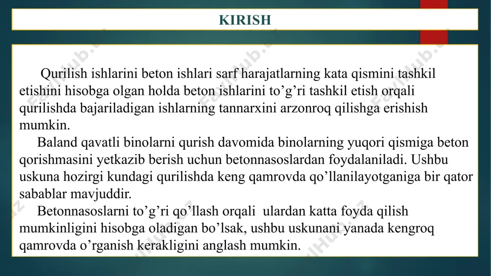 olishi, nisbattan arzon bahoga egaligi, magistrallarga ega ekanligi. kamchiliklari: nasosning tezkor uzatish qobiliyatining yo’qligi, manovrchanligini kamligi, manipulyatorga ega bo’lish zarurati. beton qorishmasini betonnasoslarda tashish betonnasosda beton qorishmasini tashish bo’yicha tavsiyalar: beton qorishmasini betonnasoslarda tashishdan oldin uskunani yetarli darajada sinash va beton o’tkazuvchi komplektning gidravlik bosimini tekshirish zarur, bu esa o’z o’rnida ishlash qobiliyati va uskuna sozlanishiga sabab bo’ladi. betonnasosni ishlatishdan so’ng tozalash uchun suv nasoslari qo’llaniladi. qabul qiluvchi bunker qabul qilinayotgan beton qorishmasi miqdorini nazorat qiladi, shu orqali tashiladigan qorishmaning yetarli miqdorini aniqlash mumkin. qorishma tarkibini to’g’ri tanlash uchun turli tarkibda ishlovchi uskunalarni sinab ko’rish tavsiya etiladi. markazdan qochuvchi nasos betonnasosni yuvishdan so’ng qolgan suvni haydash uchun hizmat qiladi. beton qorishmasini betonnasoslarda tashish beton qorishmasini betonnasoslarda tashish xulosa yuqoridagi ma’lumotlar asosida shunday xulosa qilish mumkinki, beton qorishmasini vertikal va gorizontal yo’nalishda uzatuvchi betonnasoslarning qurilish sohasidagi o’rni ancha katta. betonnasoslarni asosiy qo’llanish sohalari baland qavatli binolarni betonlash bo’lganligi sababli ularni asosan …