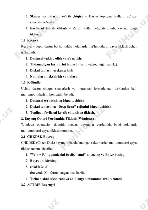 formatlash usuliga va unga qo‘shimcha ma’lumot yozilgan-yozilmaganiga bog‘liq. maxsus dasturlar, windows buyruqlari va professional xizmatlardan foydalanish orqali yo‘qolgan ma’lumotlarni tiklash mumkin. kelajakda bunday holatlarga duch kelmaslik uchun muhim fayllarni zaxiralash, disklarda rejalashtirilmagan formatlashdan saqlanish va ehtiyot choralarini ko‘rish tavsiya etiladi. image1.png