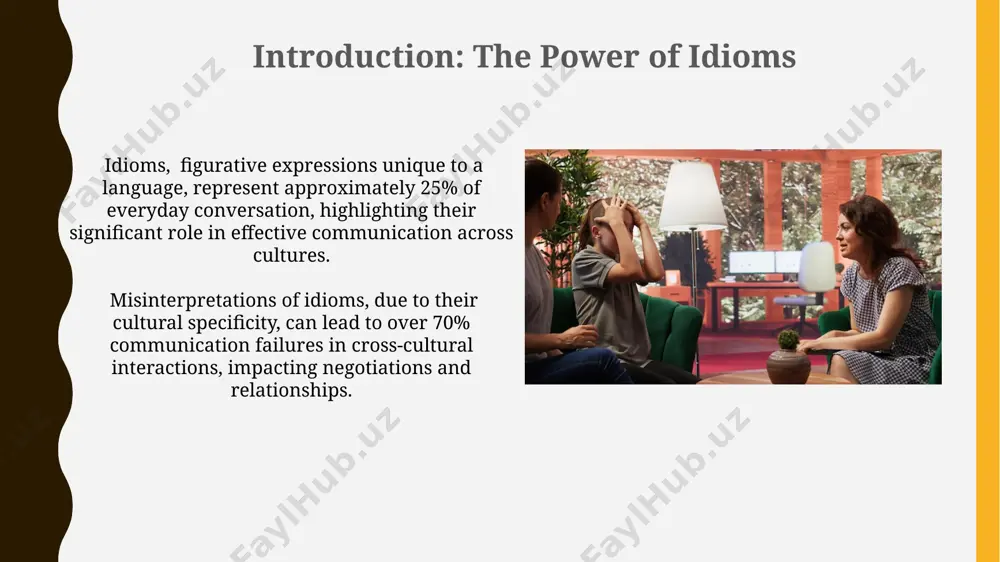 s, highlighting variations in interpretation and frequency of specific expressions. strategies for effective idiom use prioritize commonly used idioms within the target culture: focus on high-frequency idioms (top 20%) to maximize comprehension and avoid using obscure expressions which can lead to significant communication breakdowns. employ a layered approach: first, explain the literal meaning of the idiom; second, provide the cultural context; third, offer a clear, concise equivalent or paraphrase in the target language to avoid 30%–40% miscommunication rates. idioms in social interactions idioms, often containing metaphorical language and cultural allusions, impact relational dynamics; successful navigation requires understanding of at least 5-7 key cultural idioms in the target language for effective interpersonal interaction. the use of idioms can either foster a sense of camaraderie and inclusion (ingroup) or create distance and exclusion (outgroup) in social interactions, significantly influencing group dynamics and power relations. case studies: unsuccessful idiom use a cross-cultural business …