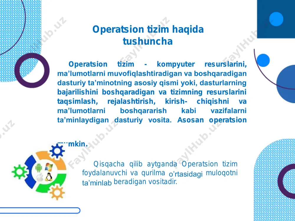 ows 2000 ning oʼzagida qurilgan boʼlib, yangi tashqi ifodaga va grafik interfeysga ega. windows operatsion windowsning avvalgi rusumlariga nisbatan oʼzaro yuqori barqarorlik va ishonchlilikni mujassamlashtirgan. windows xpning ikki rusumi mavjud: home va professional. microsoft har ikkala rusumning mobilligiga katta eʼtibor qaratdi, shu jumladan, simsiz tarmoqlarga ulanish uchun “plug and-play” vositasini ham mavjud boʼldi. windows xpda «xp» «experience»(tajriba) maʼnosini anglatadi. windows xp operatsion tizimi – maykrosoft korporatsiyasi tomonidan 2006 yil 8 noyabrda yaratilgan . windows 7 operatsion tizimi – maykrosoft korporatsiyasi tomonidan 2009 yil 22 iyulda yaratilgan . windows 8 operatsion tizimi – maykrosoft korporatsiyasi tomonidan 2012 yil 1 avgustda yaratilgan . windows 10 operatsion tizimi – maykrosoft korporatsiyasi tomonidan 2015 yil 15 iyulda yaratilgan . windows server 2019 operatsion tizimi – maykrosoft korporatsiyasi tomonidan yil 20 mart kuni yaratilgan. 2018 unix operatsion tizimi unix operatsion tizimi – ilk bor unix operatsion tizimi bell laboratoriyasi tomonidan 1969 yili taklif qilingan. u …