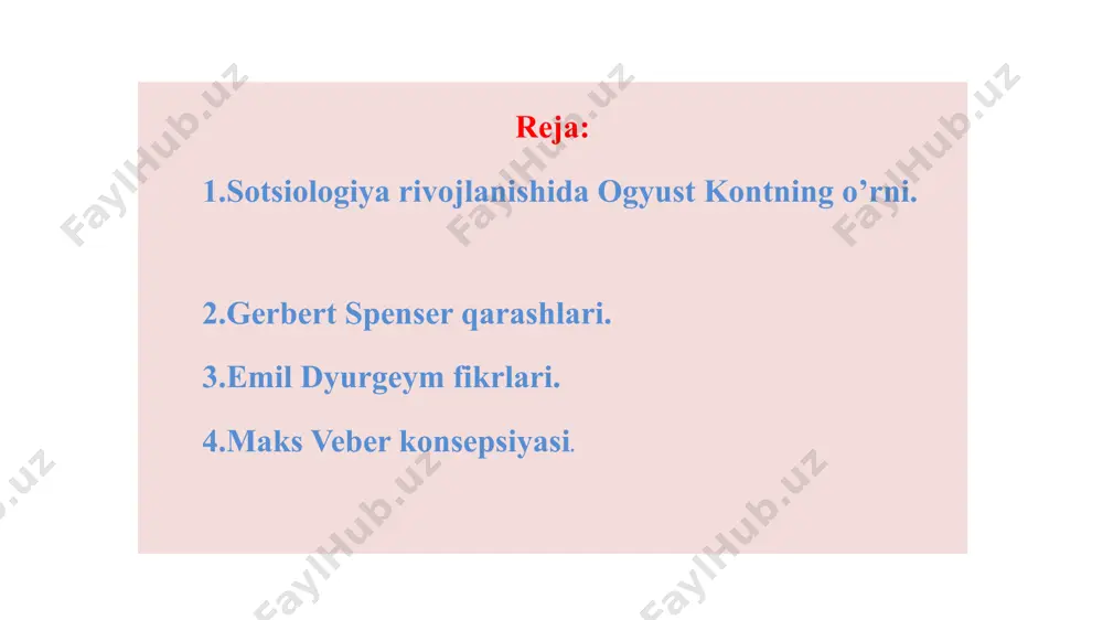ni pozitiv metod ekanligini yaratmoqchi bo’lgan nazariyasinini «sotsial fan» va «yangi din»ni bir-biriga o‘xshashligini isbotladi. haqiqiy «ilmiy» dinni mavjud bo’lishini xuddi axloq haqidagi fan singari ijtimoiy integratsiyada diniy funksiyani bajaradi, deb ta’kidladi. gerbert spenser qarashlari g.spenser sotsiologiyadagi organizmga oid maktabning asoschisi hisoblanadi. u o’zining organizmga oid nazariyasini va sotsial evolyutsiya tushunchasini “ilmiy, siyosiy va falsafiy tajribalar” asarida atroflicha bayon etgan. g.spenser jamiyatni tabiiy, eng avvalo biologik qonunlar asosida rivojlanuvini tirik organizm sifatida qaragan. u jamiyatni jonli biologik organizmga o’xshatadi. ushbu fikrni asoslash maqsadida u quyidagi dalillarni keltiradi: 1. jonli organizm sifatida har qanday jamiyat ham o’sish va rivojlanish jarayonida o’z massasidan ortib boradi; 2. u va boshqalari murakkablashadi; 3. uning qismlarining tobora bir-biriga bog’liqligi kuchayib boradi; 4. uni tashkil etgan birliklar goho paydo bo’lib va yo’q bo’lib turishiga qaramay, bir butun holda yashashni davom ettiradi. spenserning ‘’sotsiologiya o’rganish predmeti sifatida’’ asari gerbert o‘zining ‘’sotsiologiya o’rganish predmeti sifatida’’nomli asarida: ‘’ijtimoiy organizm …